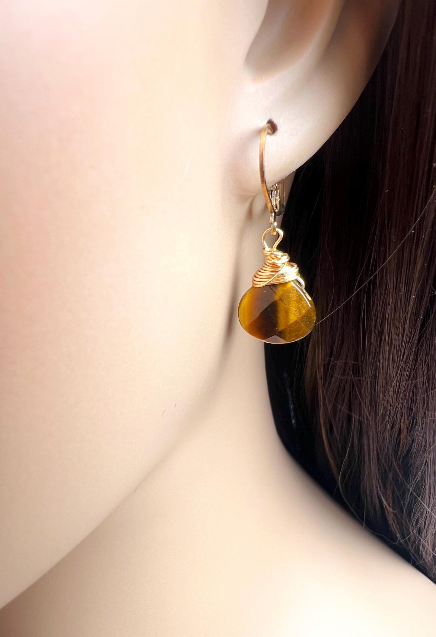 Natural Tiger Eye faceted Heart shape drop handmade earrings in 14k gold filled Leverback