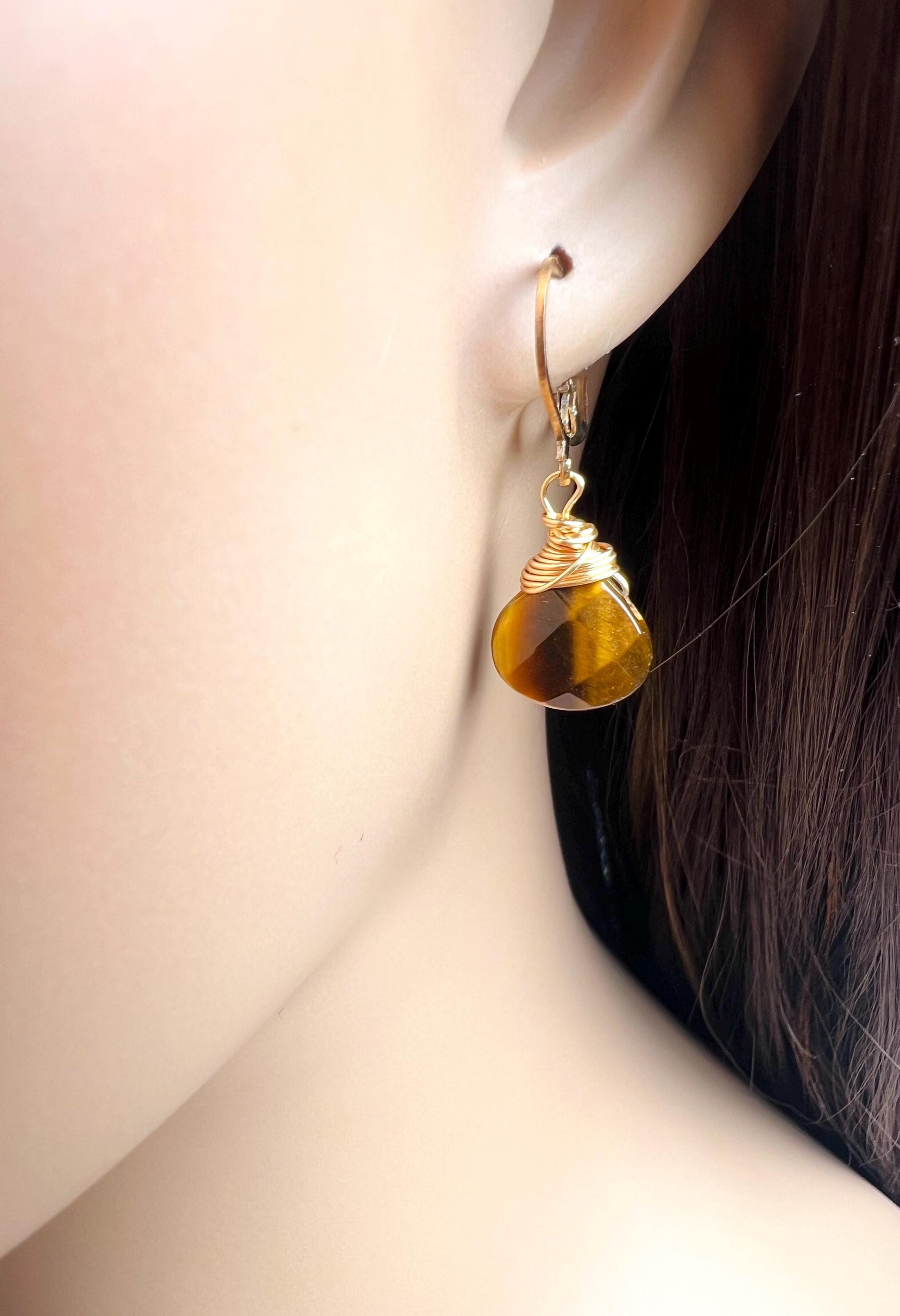 Natural Tiger Eye faceted Heart shape drop handmade earrings in 14k gold filled Leverback