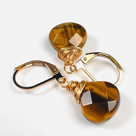 Natural Tiger Eye faceted Heart shape drop handmade earrings in 14k gold filled Leverback