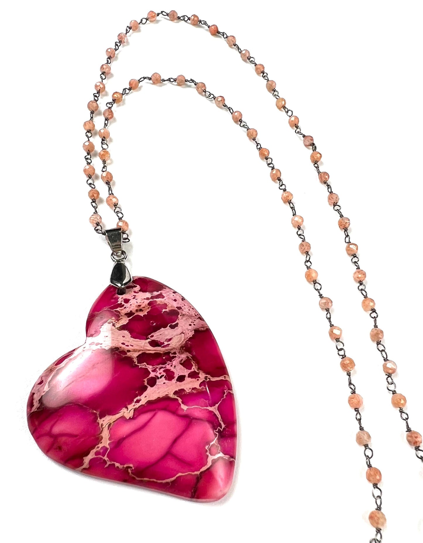 Pink Impression Jasper large heart pendant with peach Moonstone Chain Necklace. Valentines Gemstone gift