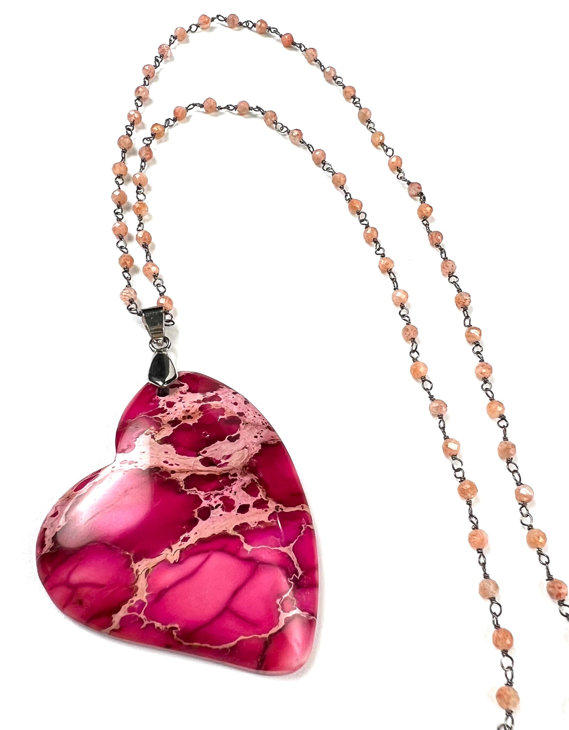 Pink Impression Jasper large heart pendant with peach Moonstone Chain Necklace. Valentines Gemstone gift