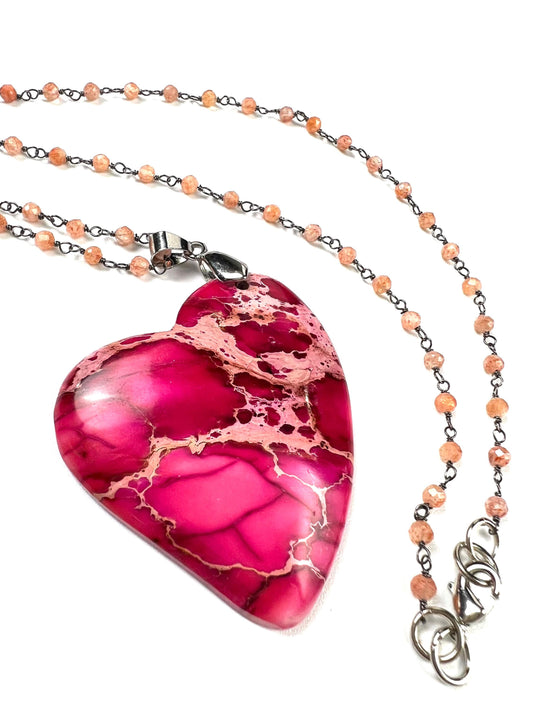 Pink Impression Jasper large heart pendant with peach Moonstone Chain Necklace. Valentines pink heart necklace Gemstone gift