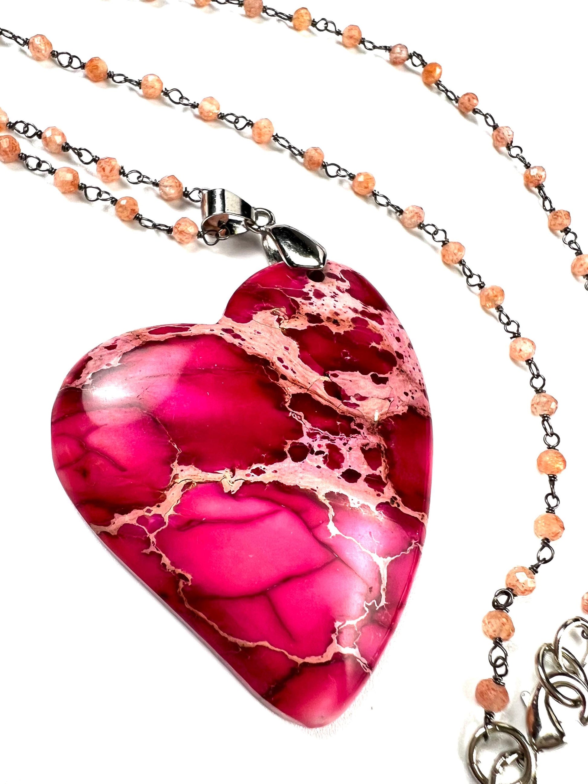 Pink Impression Jasper large heart pendant with peach Moonstone Chain Necklace. Valentines Gemstone gift