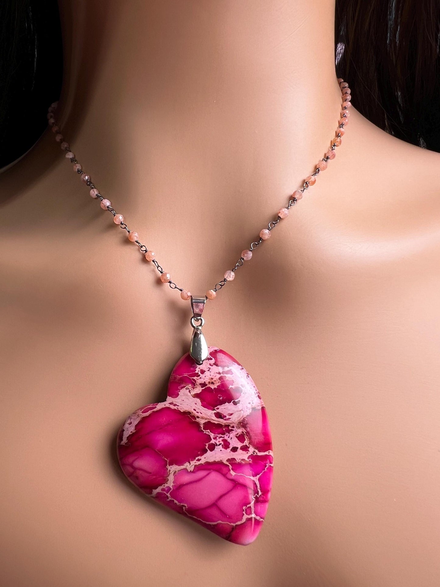 Pink Impression Jasper large heart pendant with peach Moonstone Chain Necklace. Valentines Gemstone gift