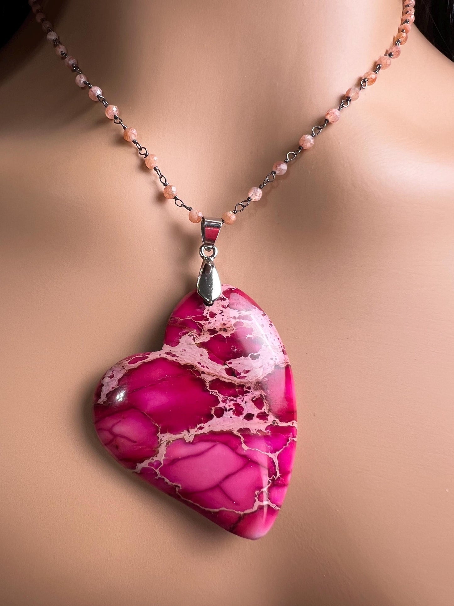 Pink Impression Jasper large heart pendant with peach Moonstone Chain Necklace. Valentines Gemstone gift