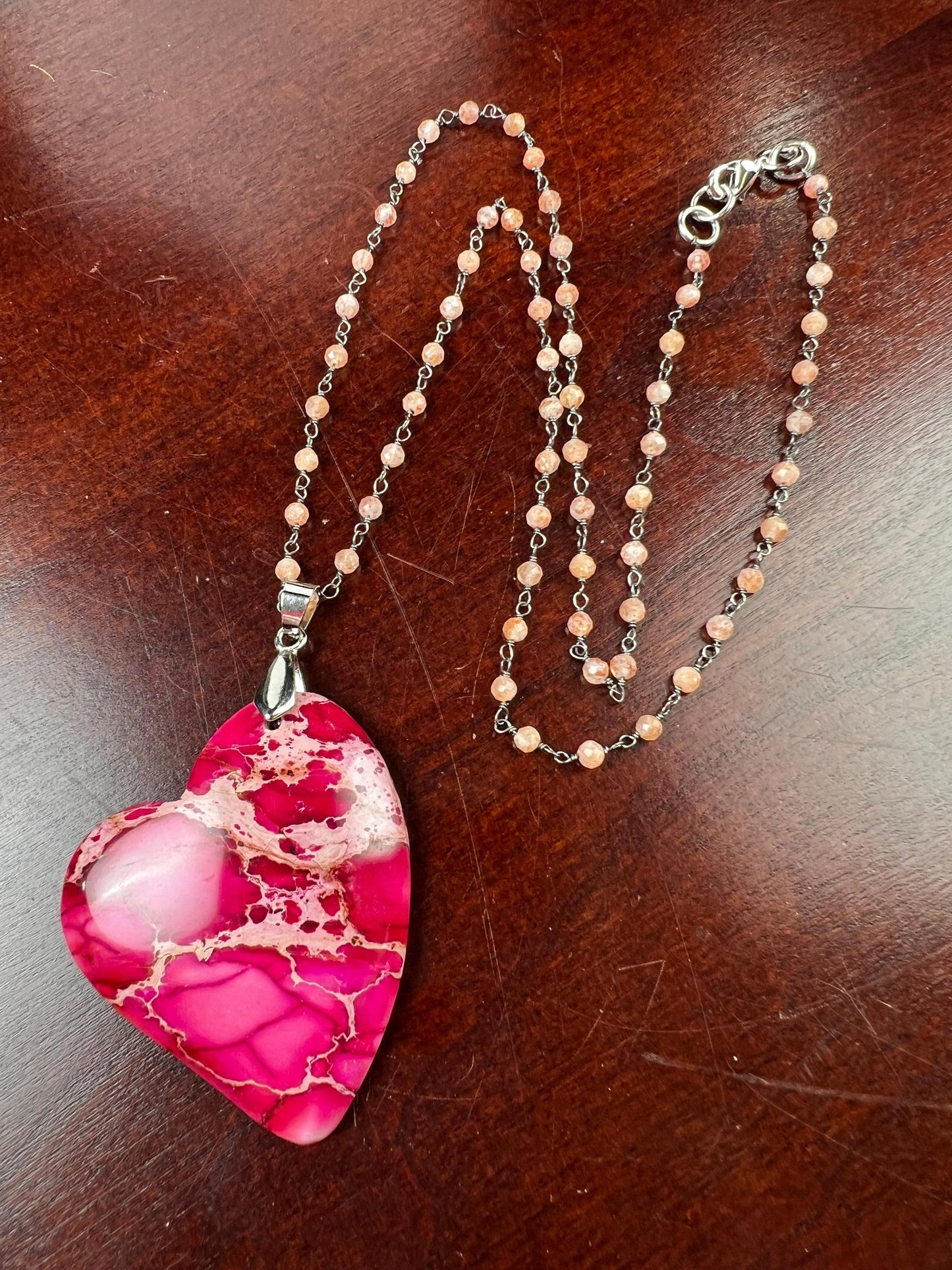 Pink Impression Jasper large heart pendant with peach Moonstone Chain Necklace. Valentines Gemstone gift
