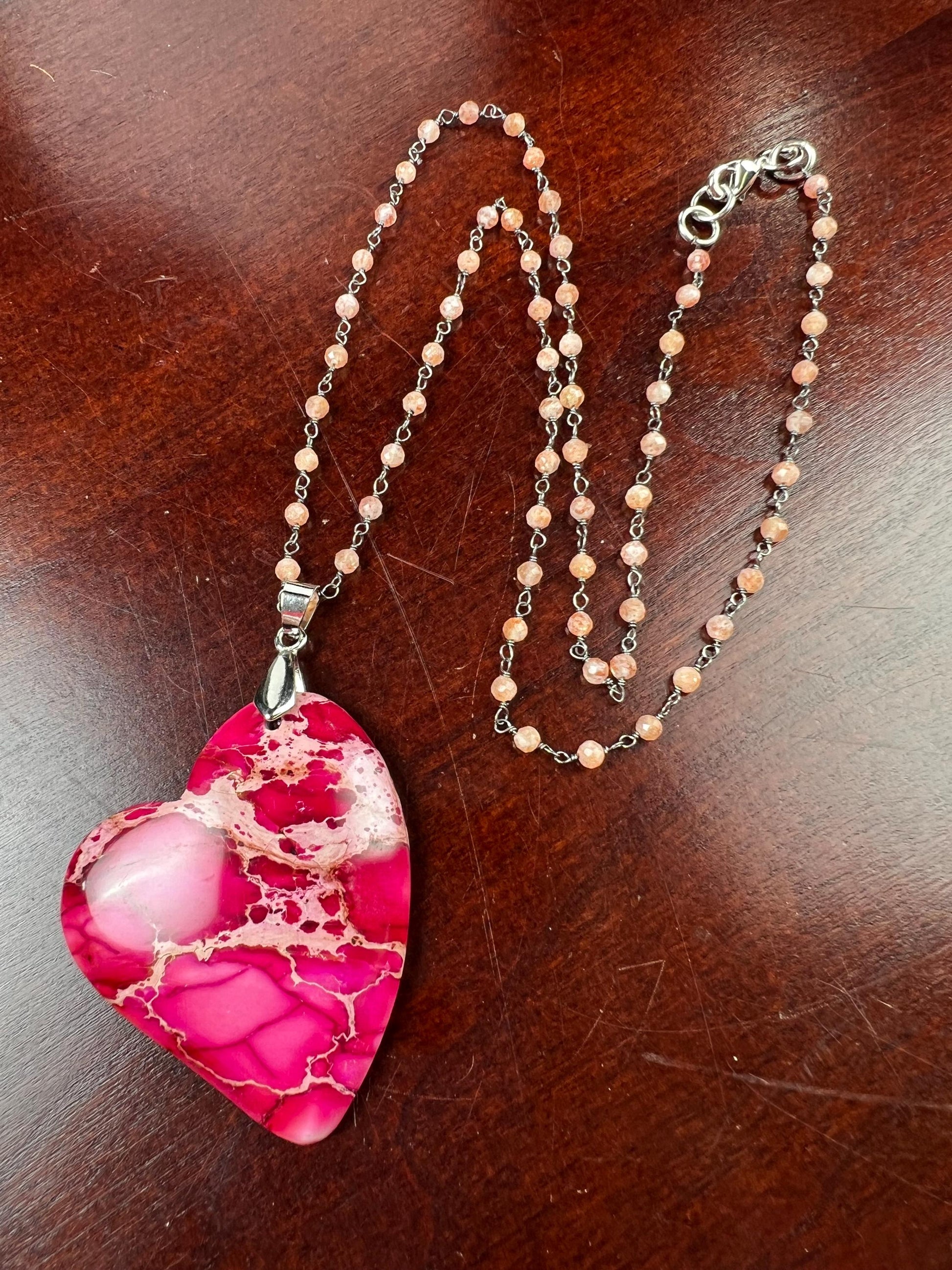 Pink Impression Jasper large heart pendant with peach Moonstone Chain Necklace. Valentines Gemstone gift