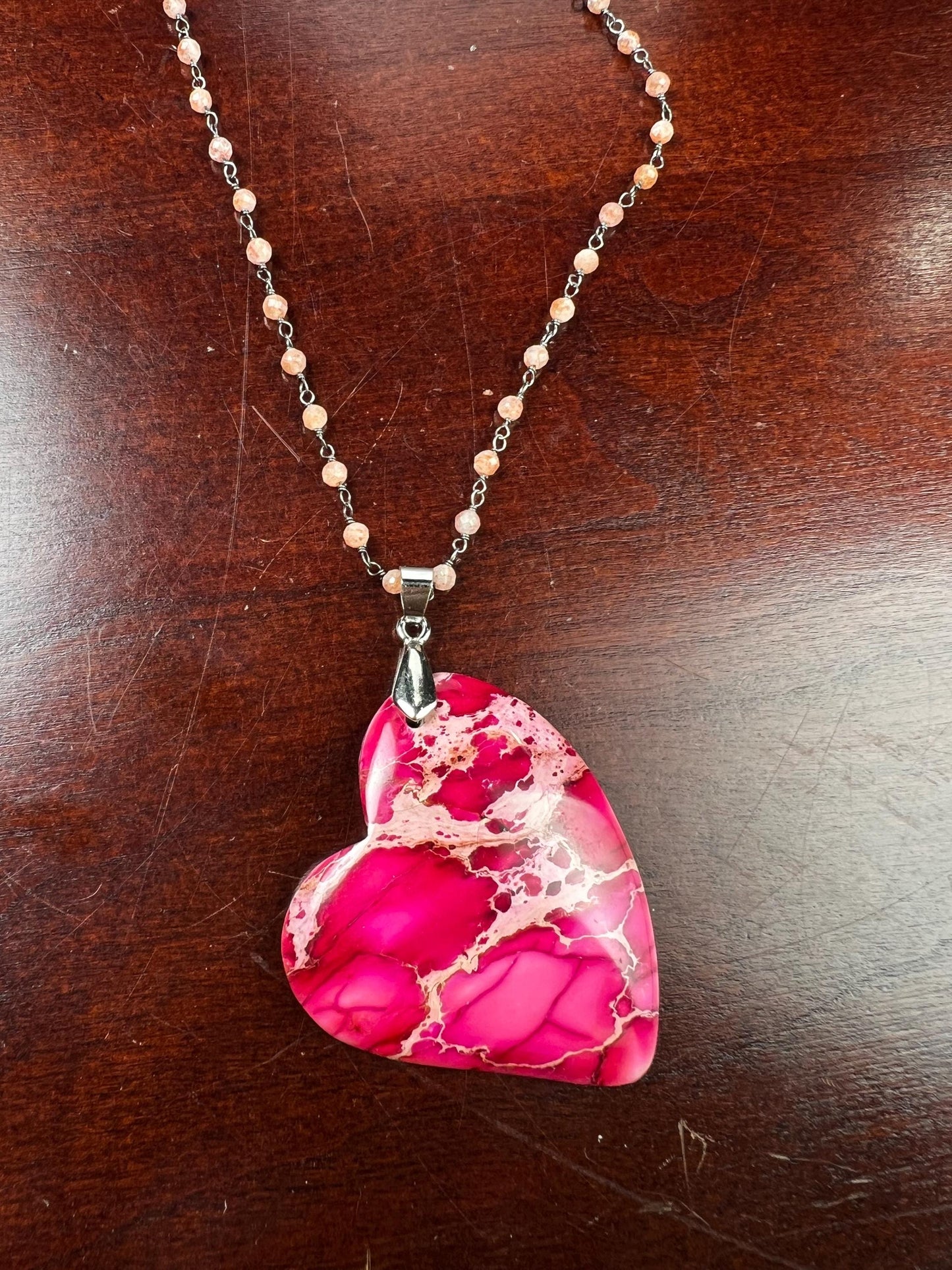 Pink Impression Jasper large heart pendant with peach Moonstone Chain Necklace. Valentines Gemstone gift