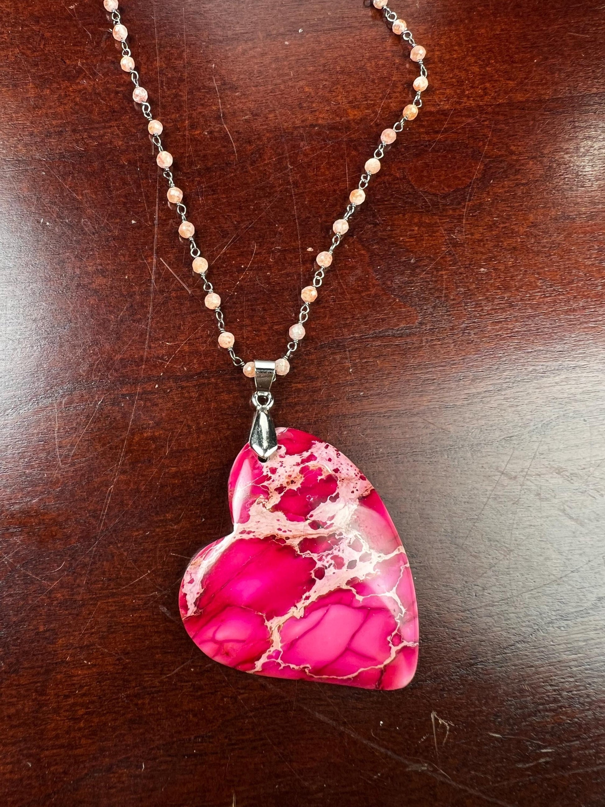 Pink Impression Jasper large heart pendant with peach Moonstone Chain Necklace. Valentines Gemstone gift