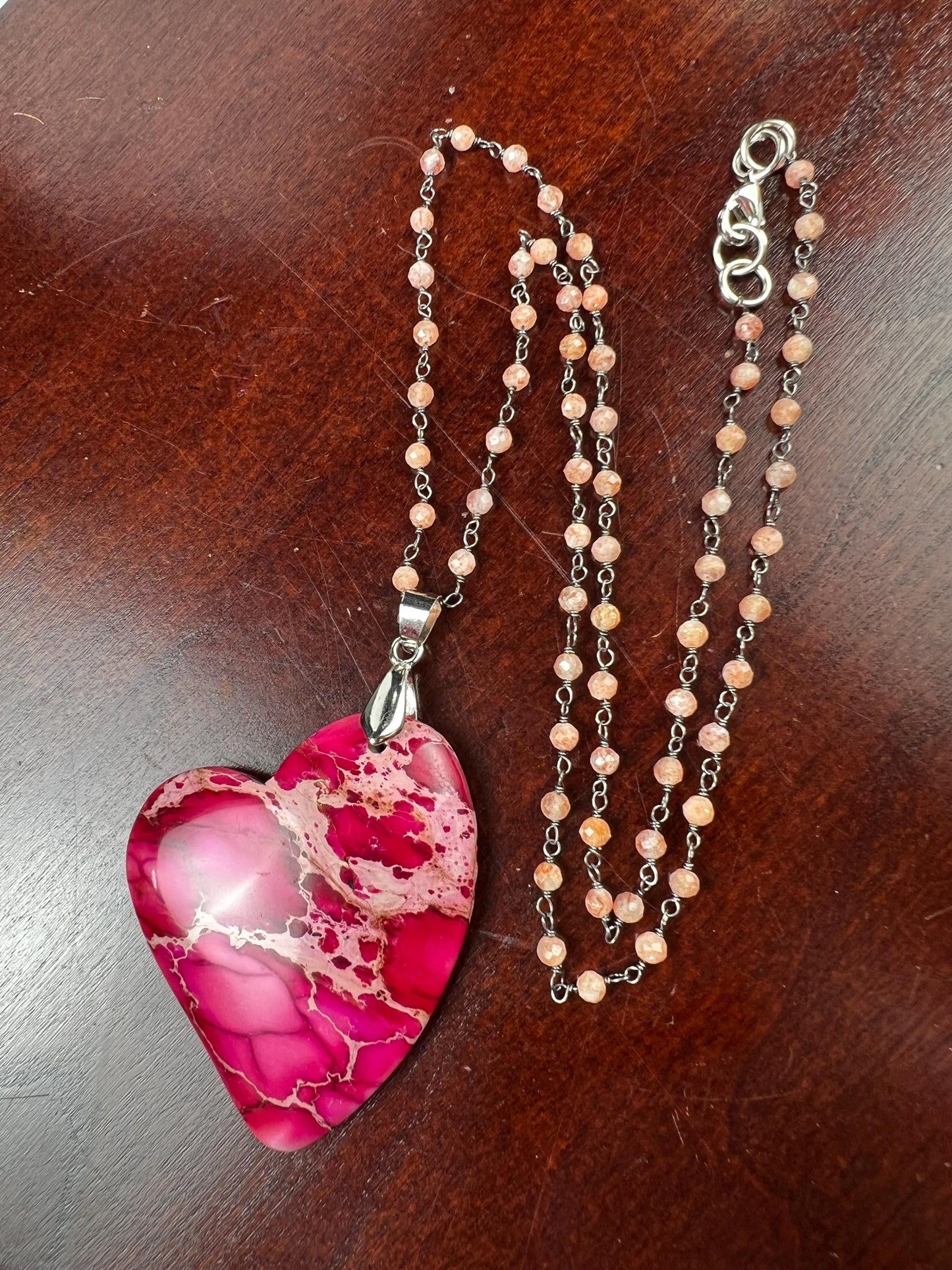 Pink Impression Jasper large heart pendant with peach Moonstone Chain Necklace. Valentines Gemstone gift