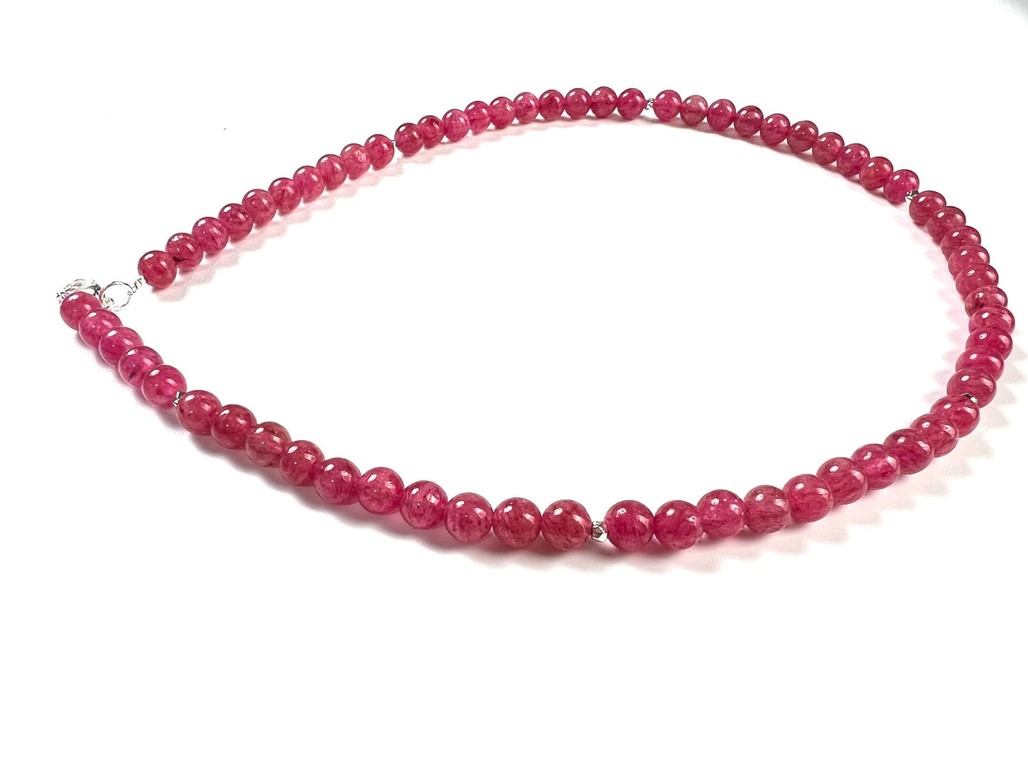 Pink Tourmaline 6mm Smooth round beaded choker Quartz necklace. Silver lobster clasp Valentines girlfriend gift