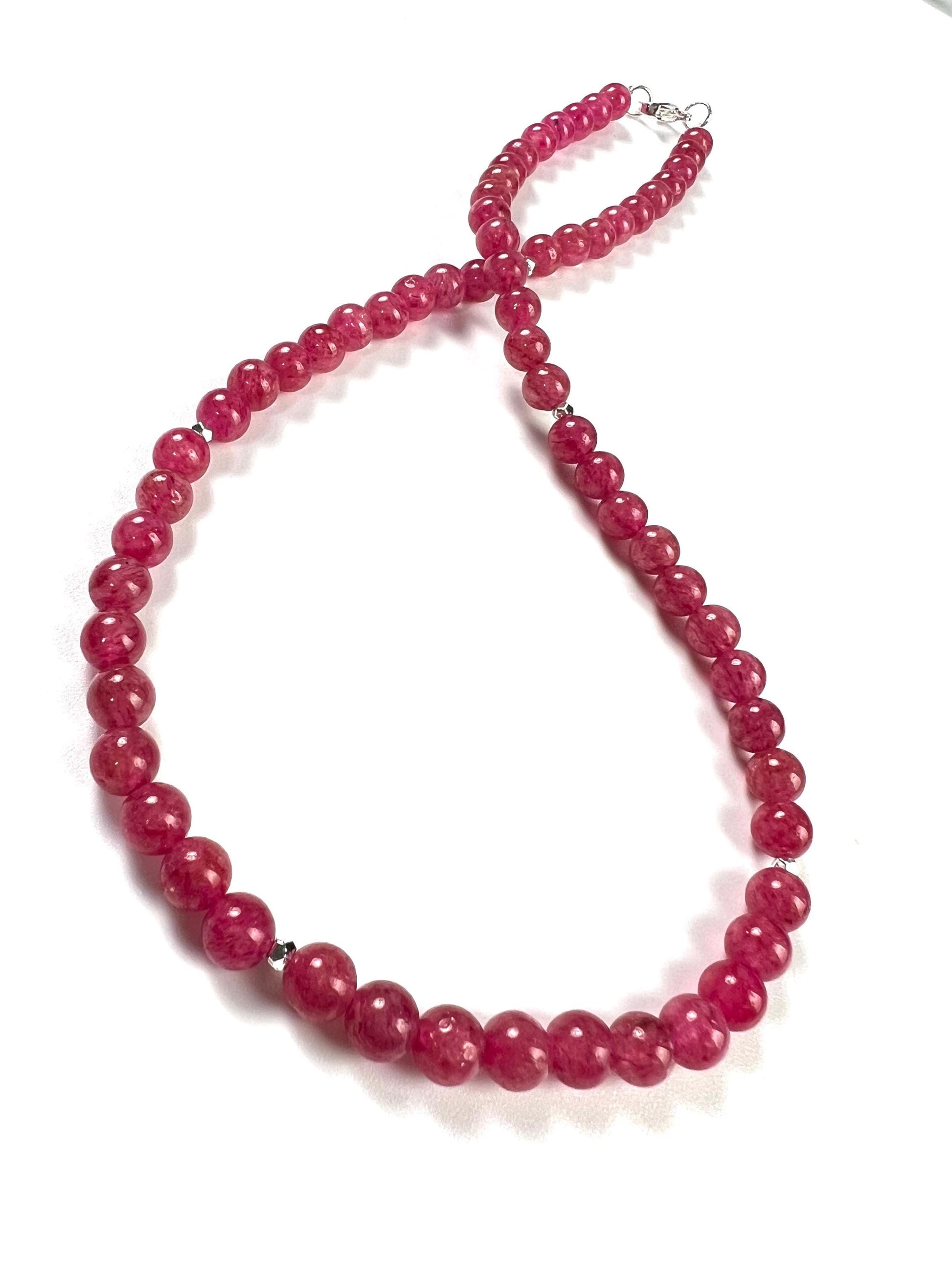 Pink Tourmaline 6mm Smooth round beaded choker Quartz necklace. Silver lobster clasp Valentines girlfriend gift
