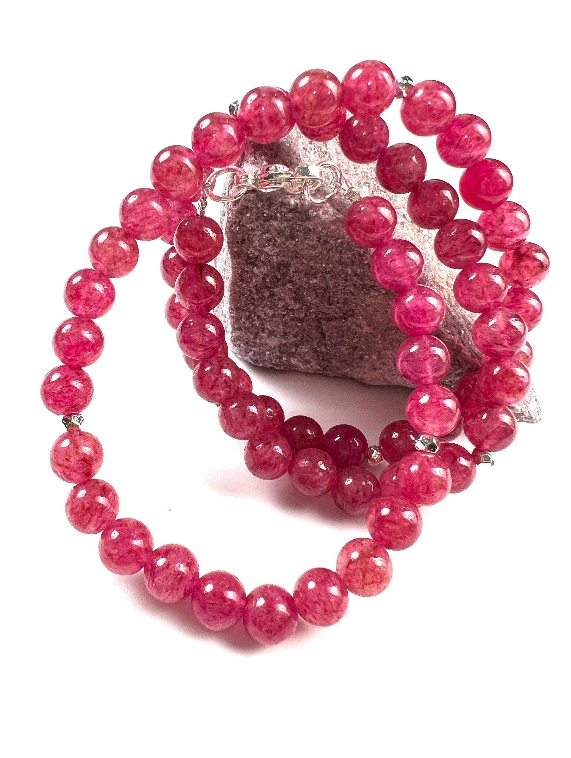 Pink Tourmaline 6mm Smooth round beaded choker Quartz necklace. Silver lobster clasp Valentines girlfriend gift