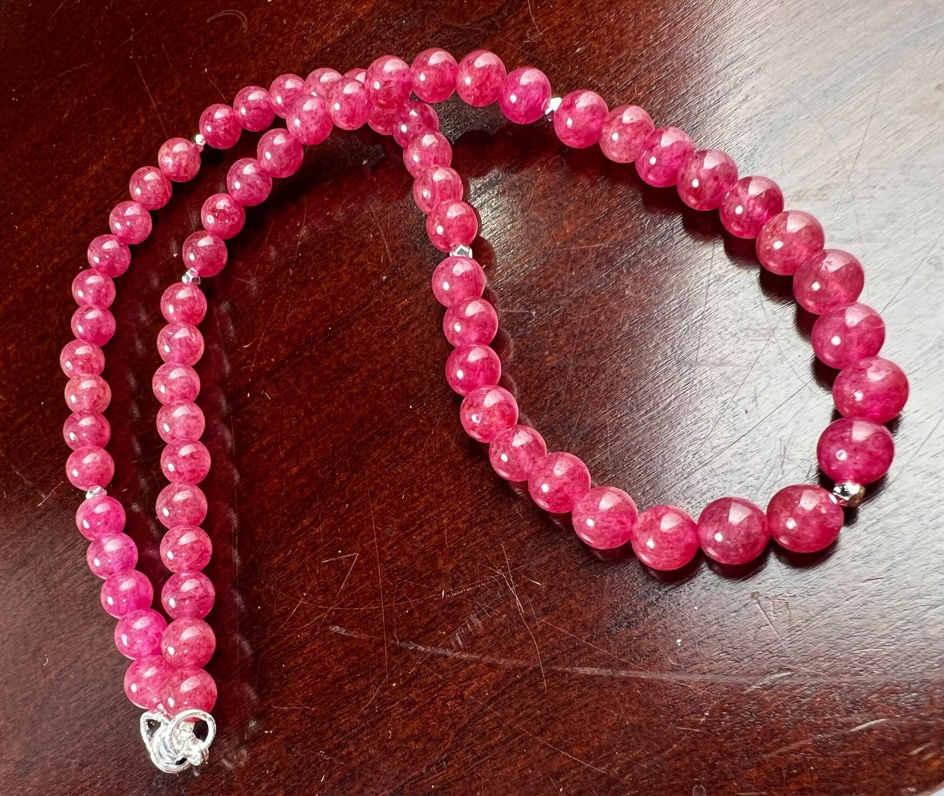 Pink Tourmaline 6mm Smooth round beaded choker Quartz necklace. Silver lobster clasp Valentines girlfriend gift