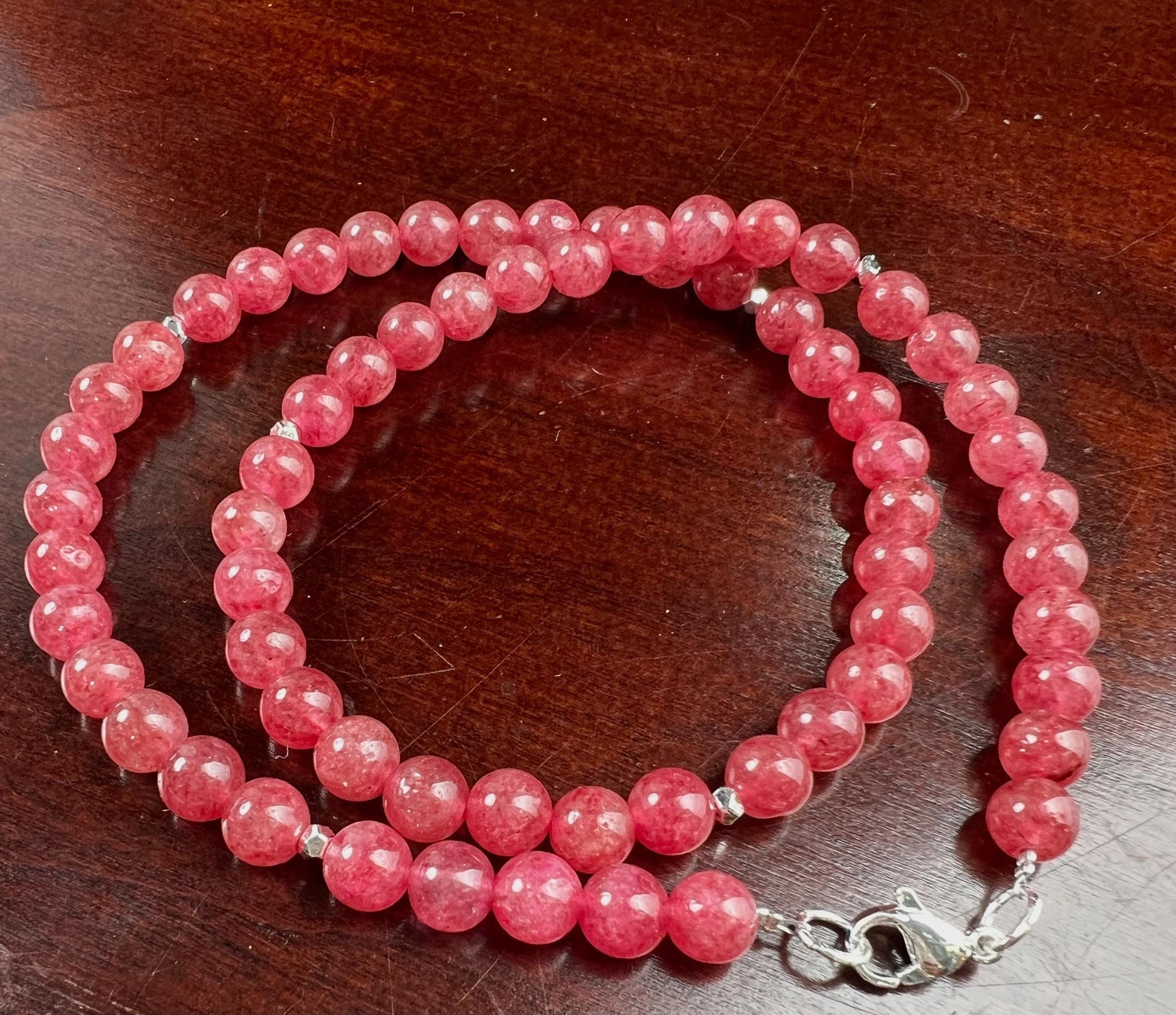 Pink Tourmaline 6mm Smooth round beaded choker Quartz necklace. Silver lobster clasp Valentines girlfriend gift