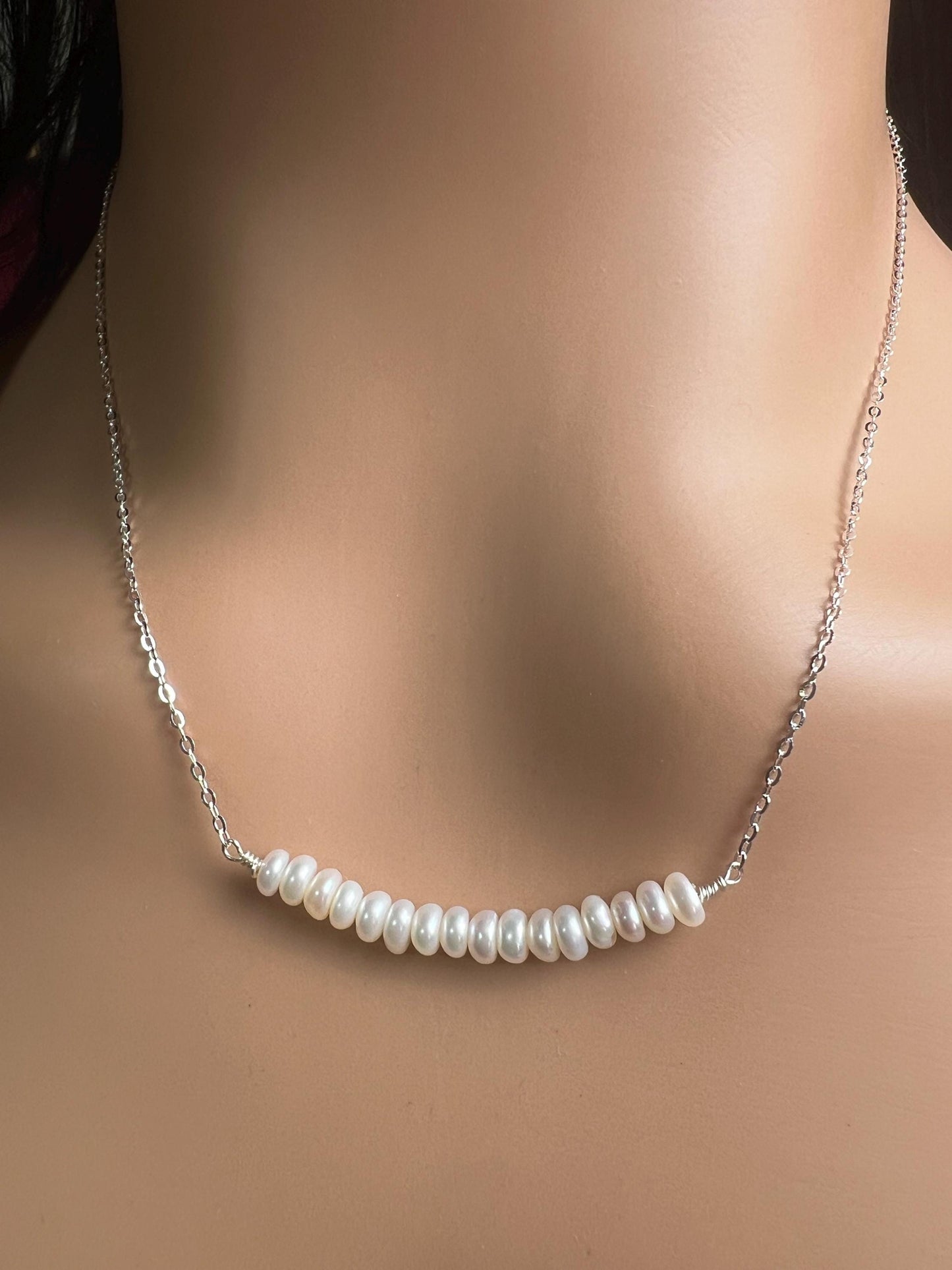 Natural Freshwater pearl 5mm Roundel bar necklace 925 sterling silver Chakra, June Birthstone