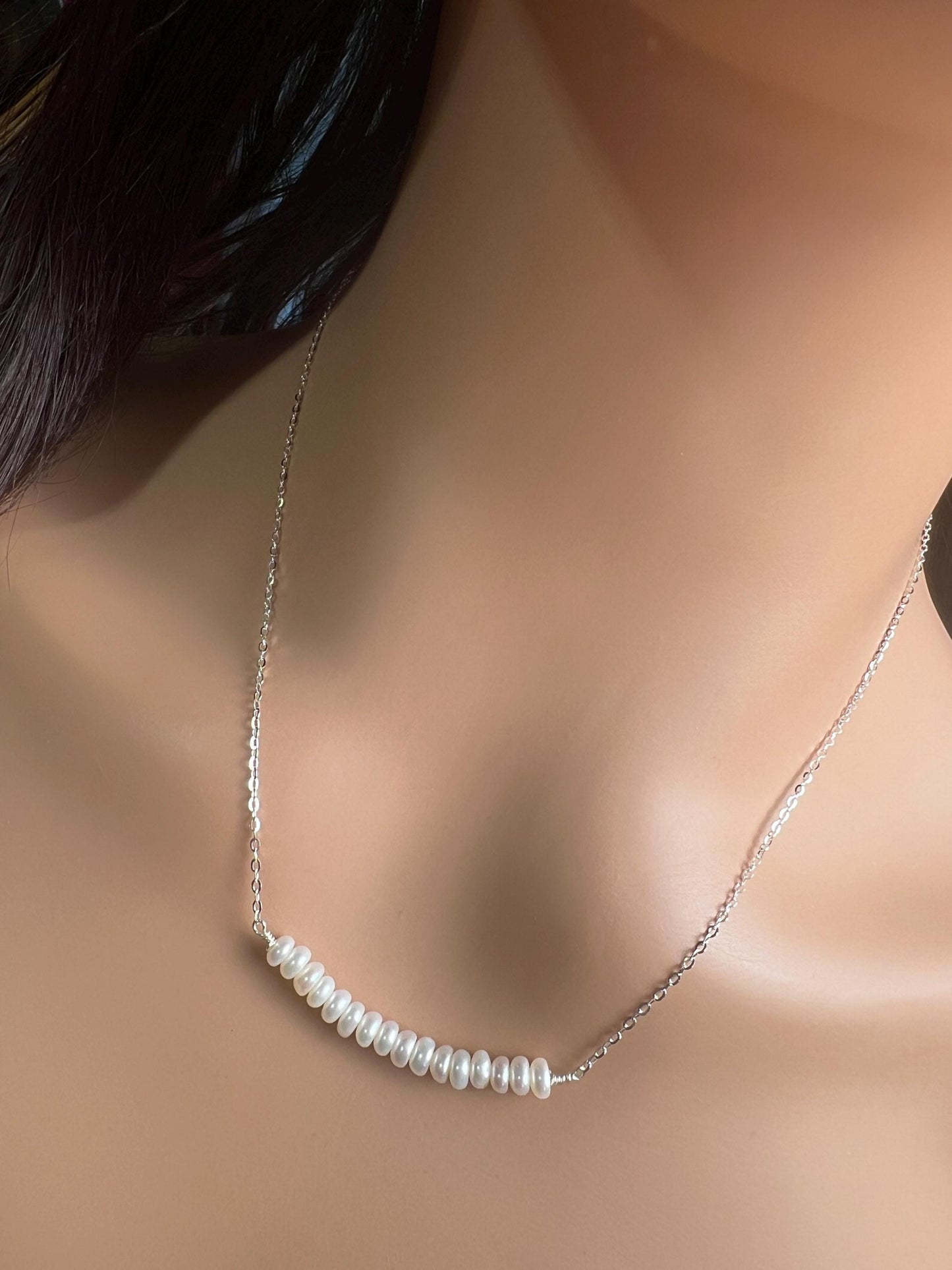 Natural Freshwater pearl 5mm Roundel bar necklace 925 sterling silver Chakra, June Birthstone