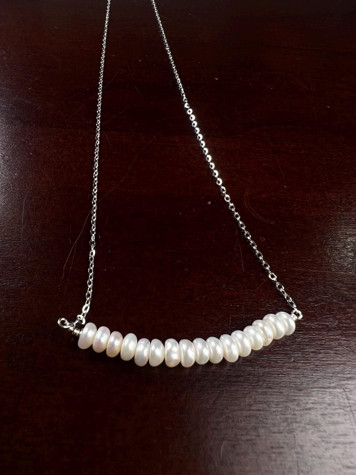 Natural Freshwater pearl 5mm Roundel bar necklace 925 sterling silver Chakra, June Birthstone