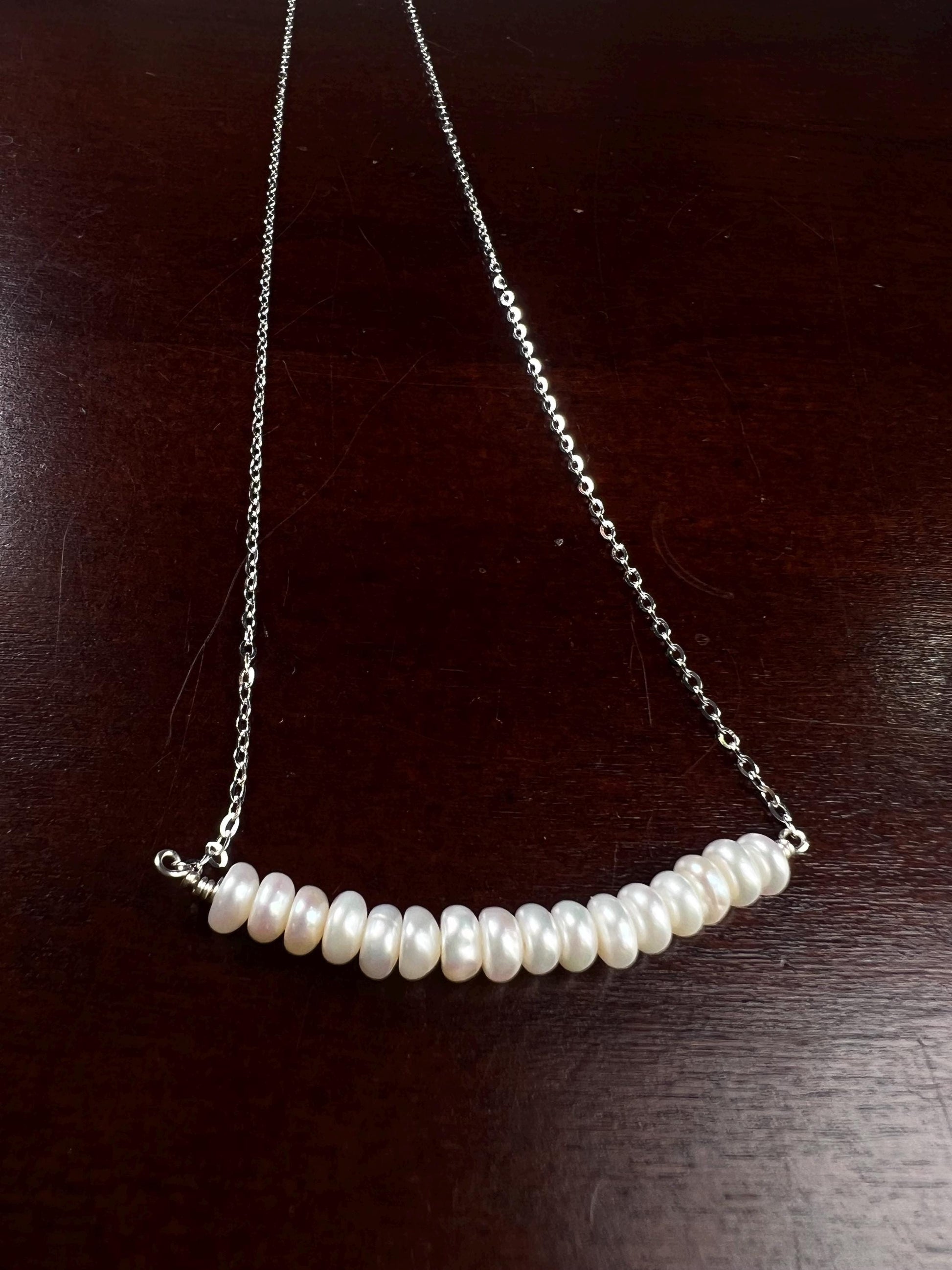 Natural Freshwater pearl 5mm Roundel bar necklace 925 sterling silver Chakra, June Birthstone