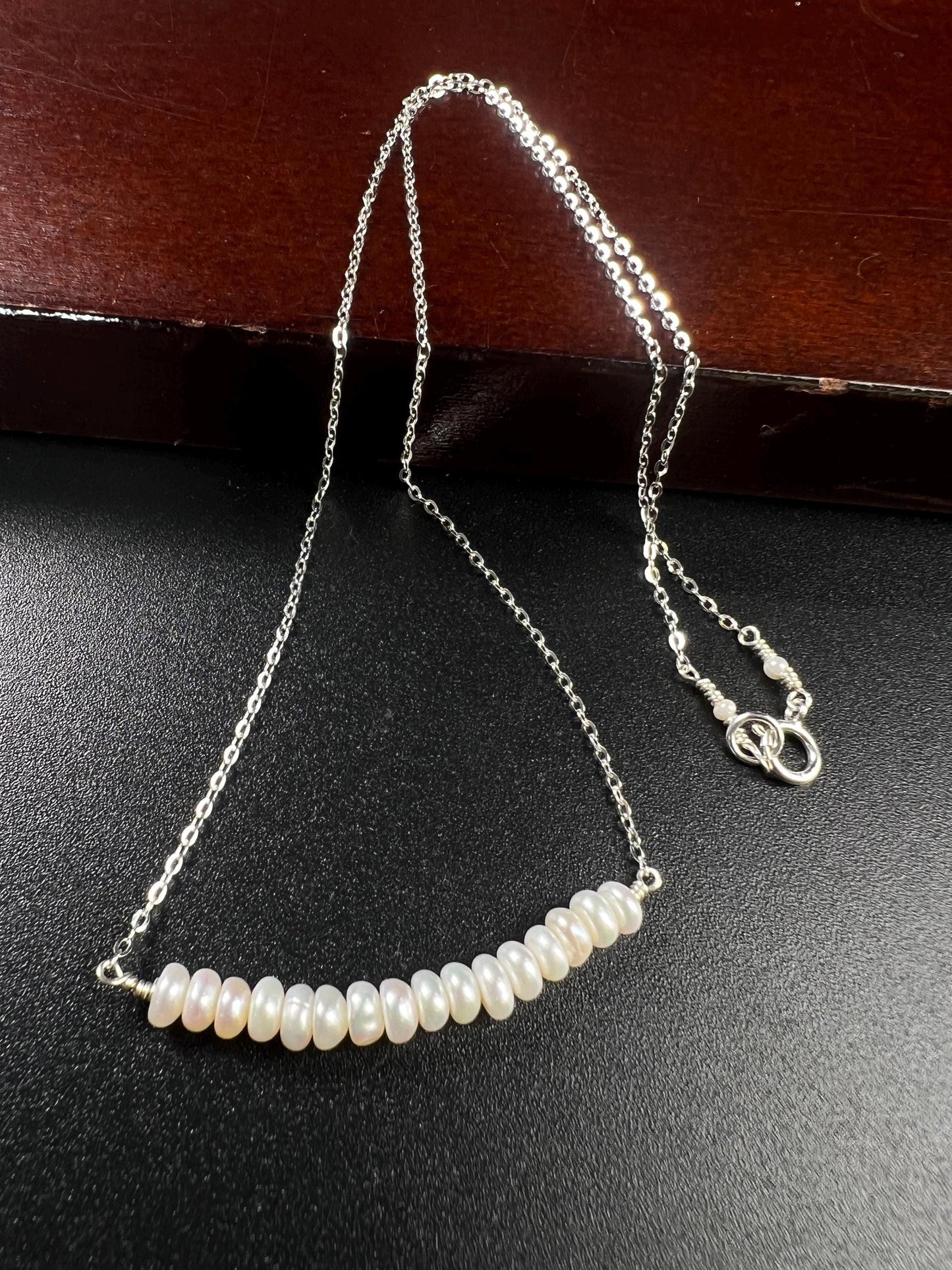 Natural Freshwater pearl 5mm Roundel bar necklace 925 sterling silver Chakra, June Birthstone