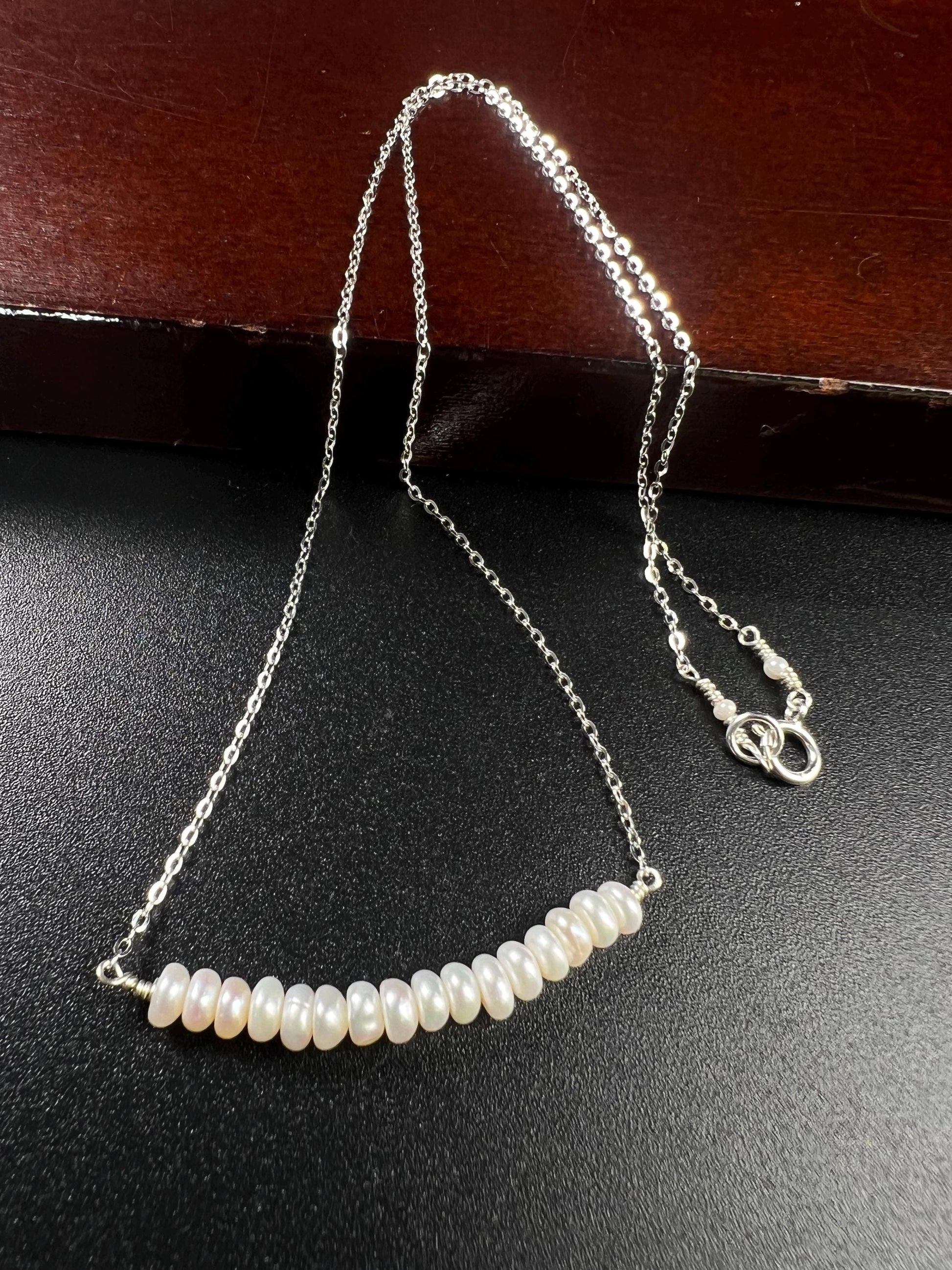 Natural Freshwater pearl 5mm Roundel bar necklace 925 sterling silver Chakra, June Birthstone