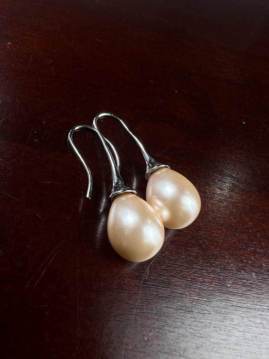 Light peachy pink pearl drop Earrings. South Seashell Pearl high luster 12x26mm pearl Rhodium earrings wedding Bridal, Gift for Her