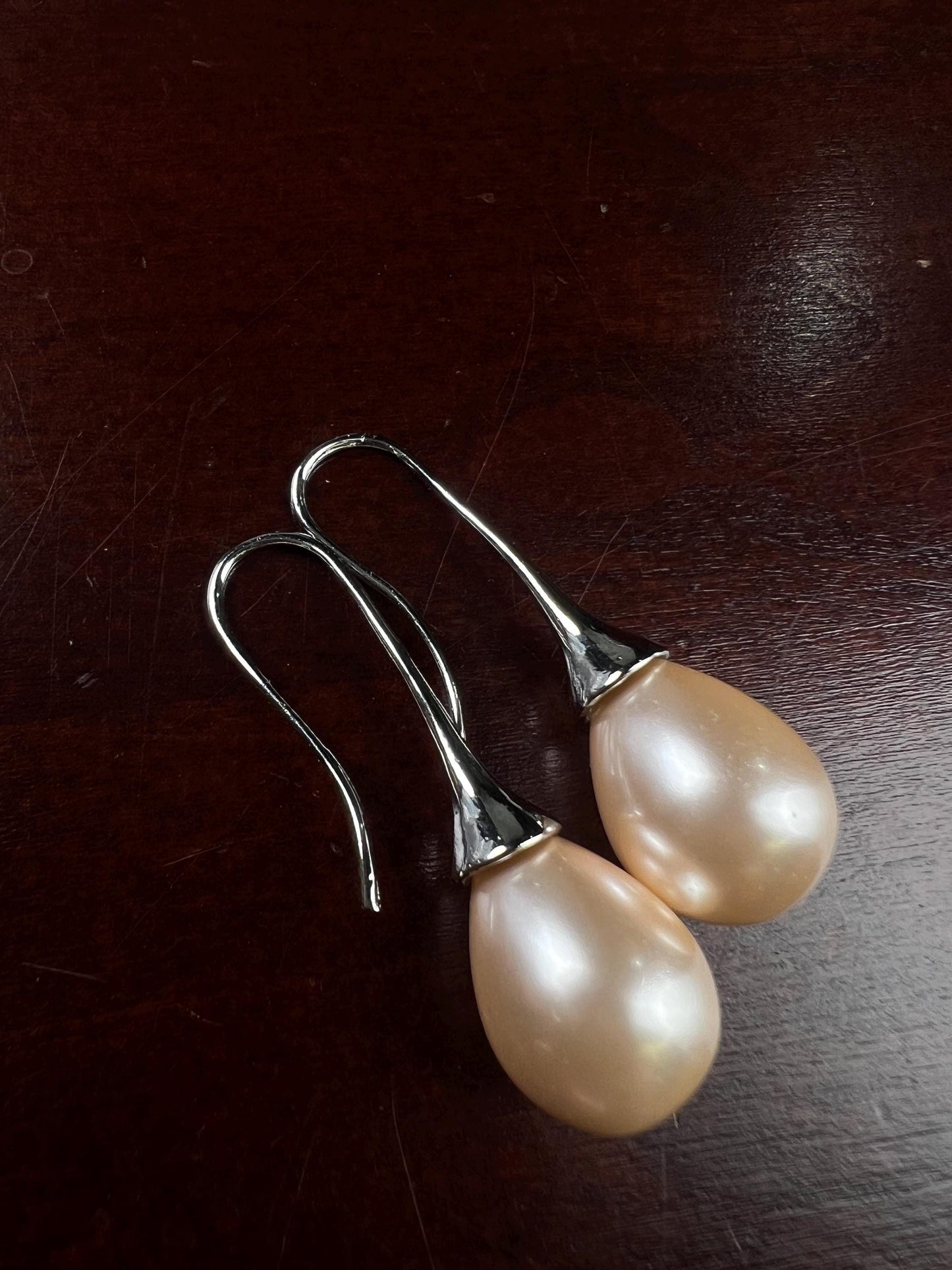 Light peachy pink pearl drop Earrings. South Seashell Pearl high luster 12x26mm pearl Rhodium earrings wedding Bridal, Gift for Her