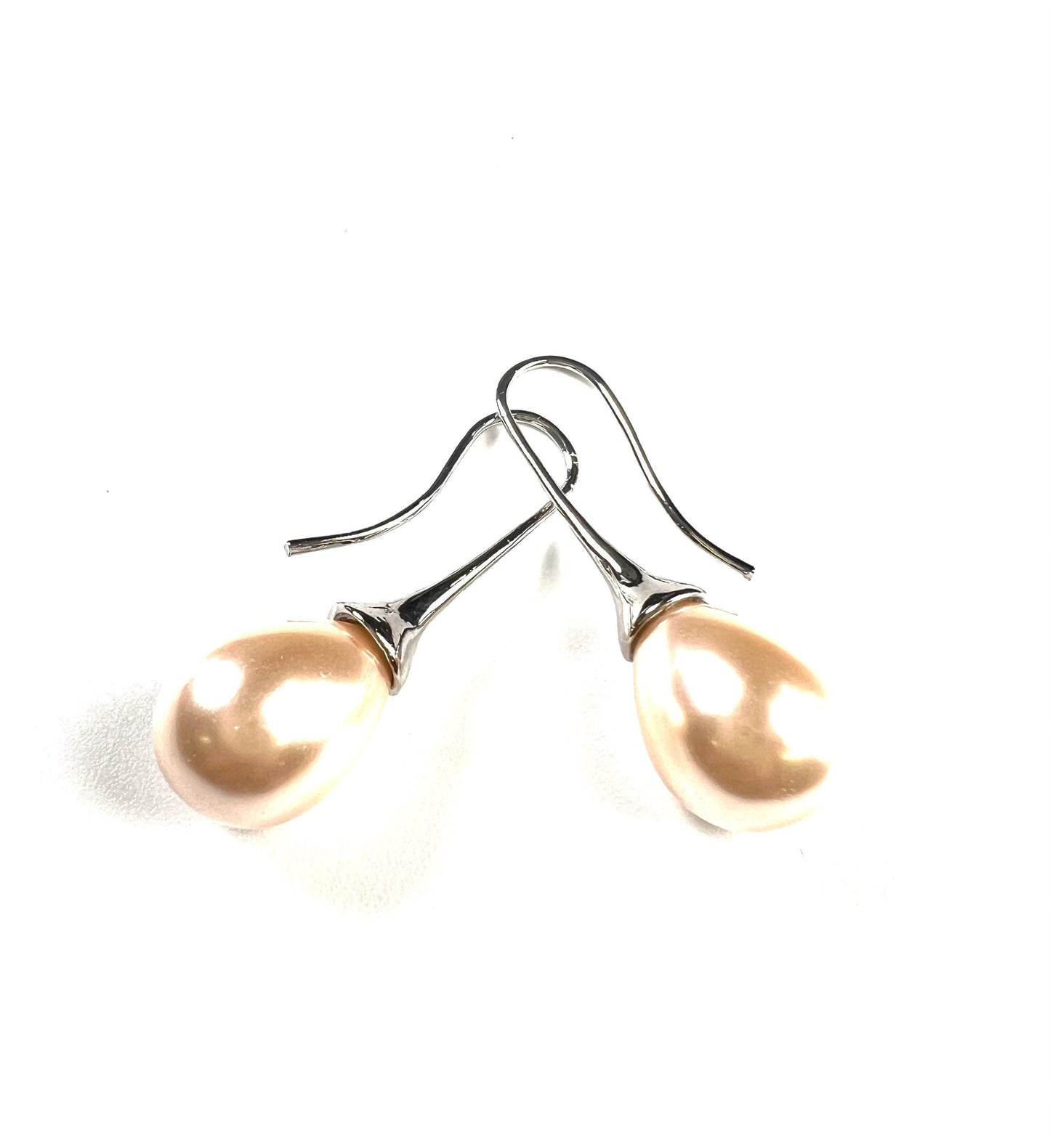 Light peachy pink pearl drop Earrings. South Seashell Pearl high luster 12x26mm pearl Rhodium earrings wedding Bridal, Gift for Her