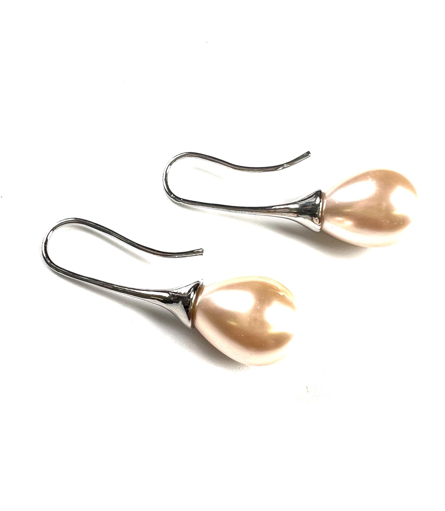 Light peachy pink pearl drop Earrings. South Seashell Pearl high luster 12x26mm pearl Rhodium earrings wedding Bridal, Gift for Her