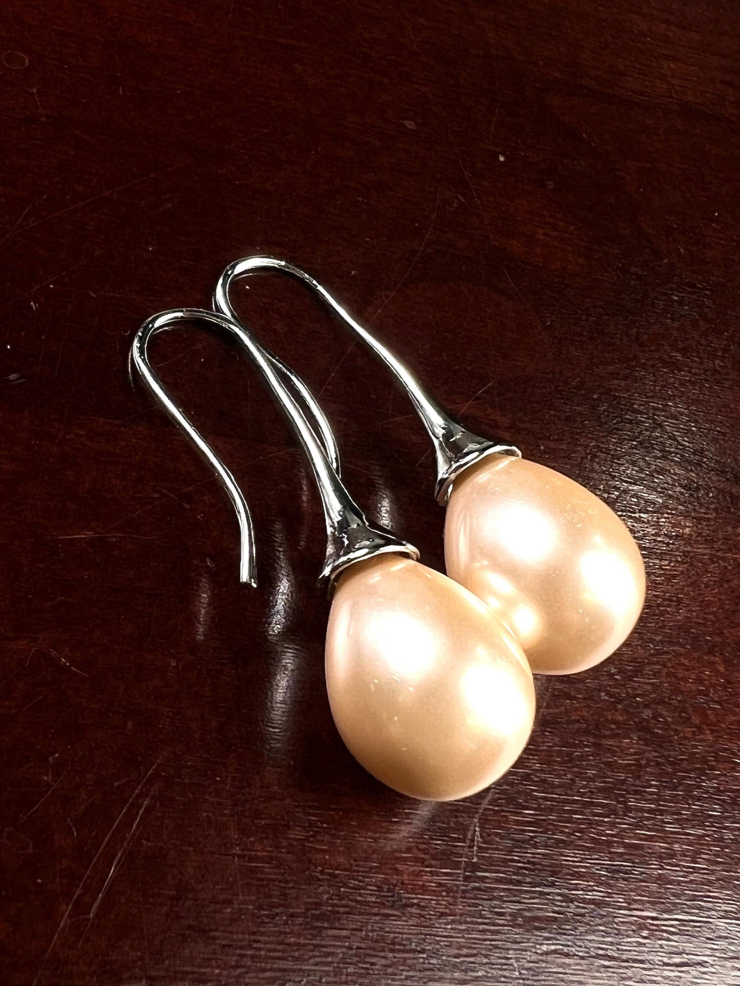Light peachy pink pearl drop Earrings. South Seashell Pearl high luster 12x26mm pearl Rhodium earrings wedding Bridal, Gift for Her
