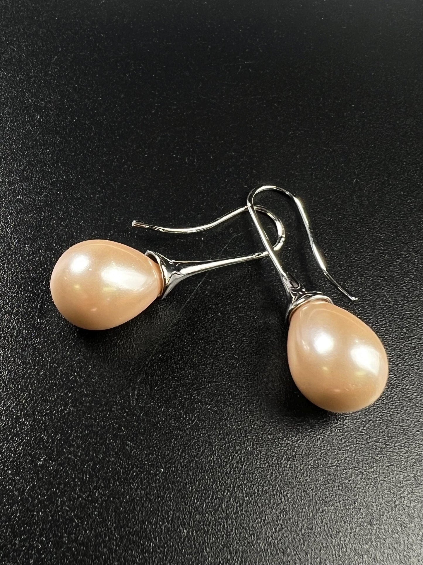 Light peachy pink pearl drop Earrings. South Seashell Pearl high luster 12x26mm pearl Rhodium earrings wedding Bridal, Gift for Her