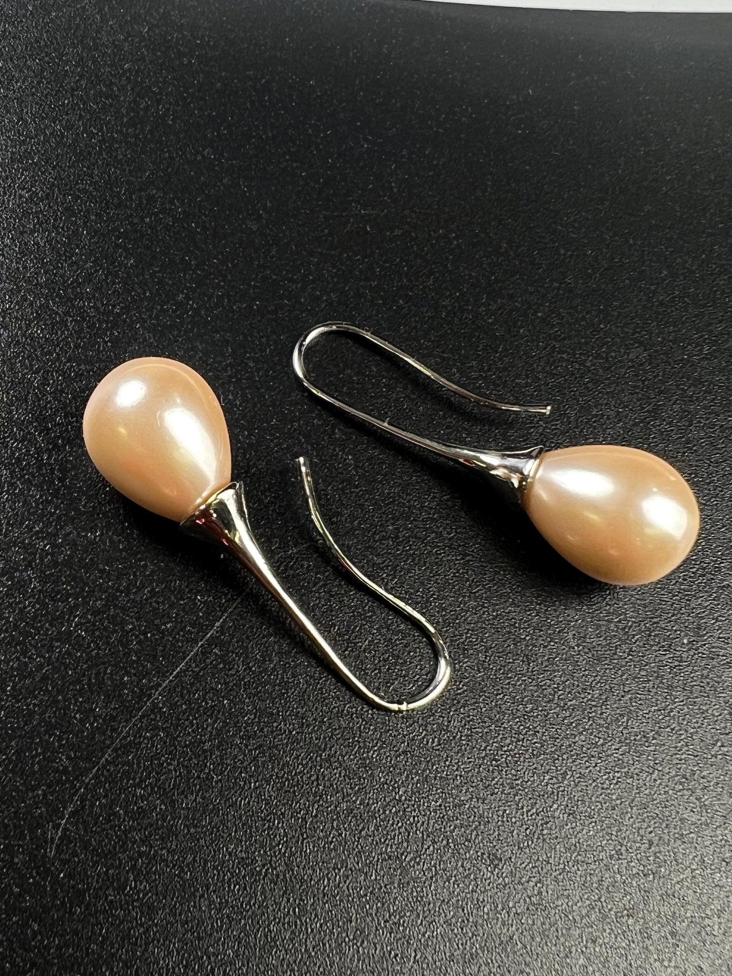 Light peachy pink pearl drop Earrings. South Seashell Pearl high luster 12x26mm pearl Rhodium earrings wedding Bridal, Gift for Her