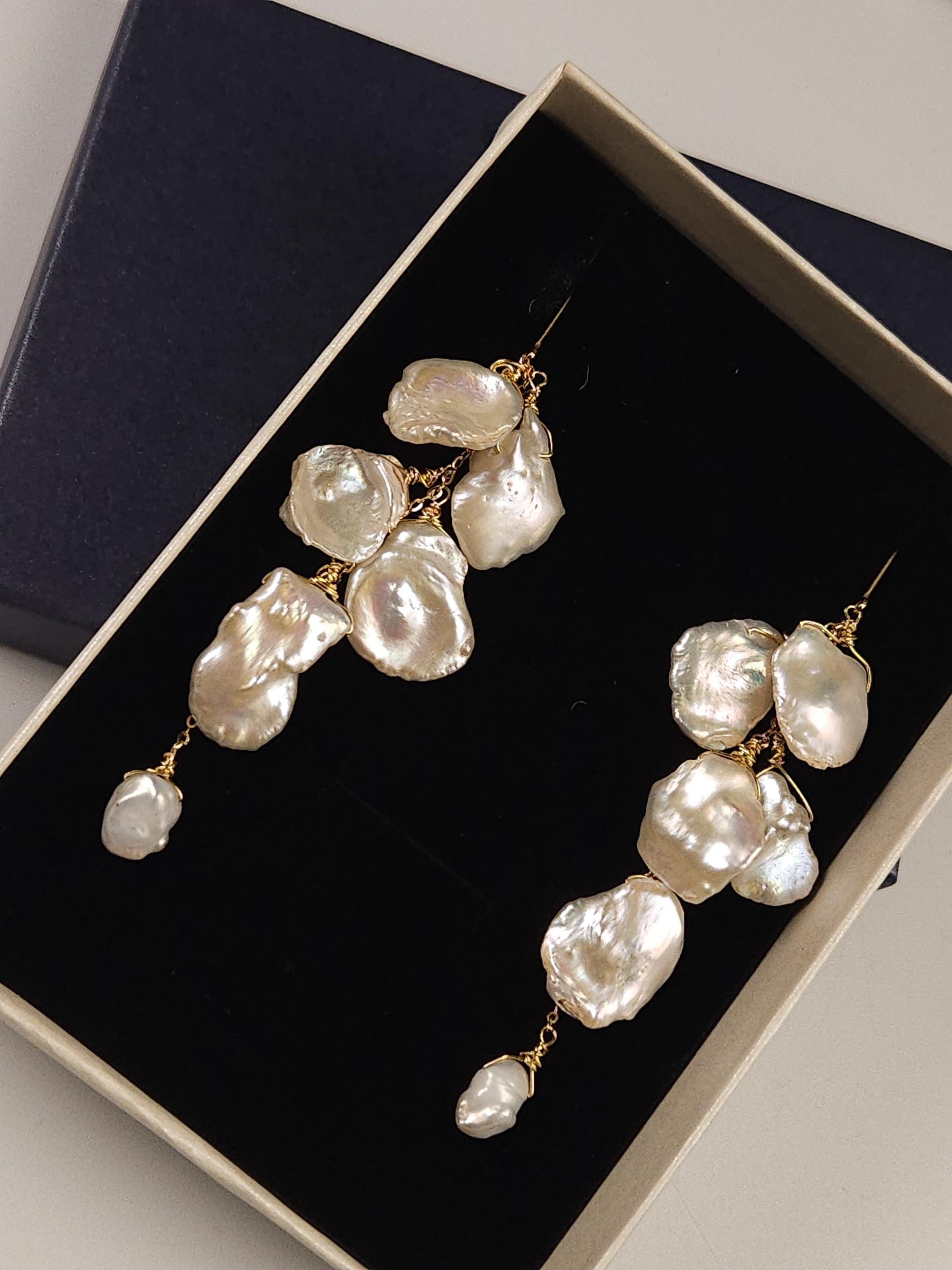 Genuine Freshwater AAA High Luster Keshi Pearl wire wrapped 14K Gold Filled Dangling Long Earrings, Bridal, Boho, Beachwear, Handmade Gift