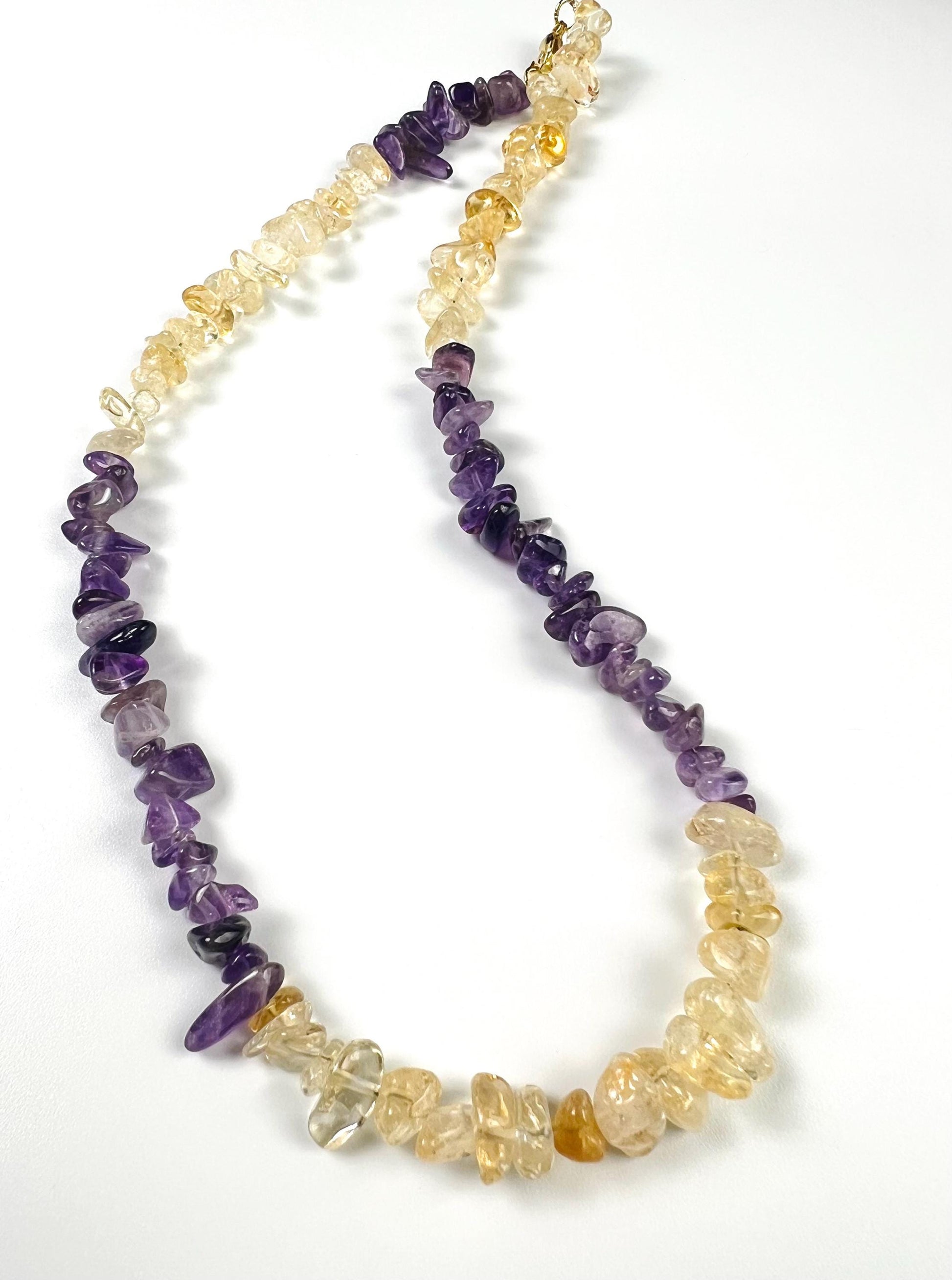 Natural Citrine and Amethyst Freeform Raw smooth nugget chips gold necklace February Birthstone Energy, Meditation yoga Necklace