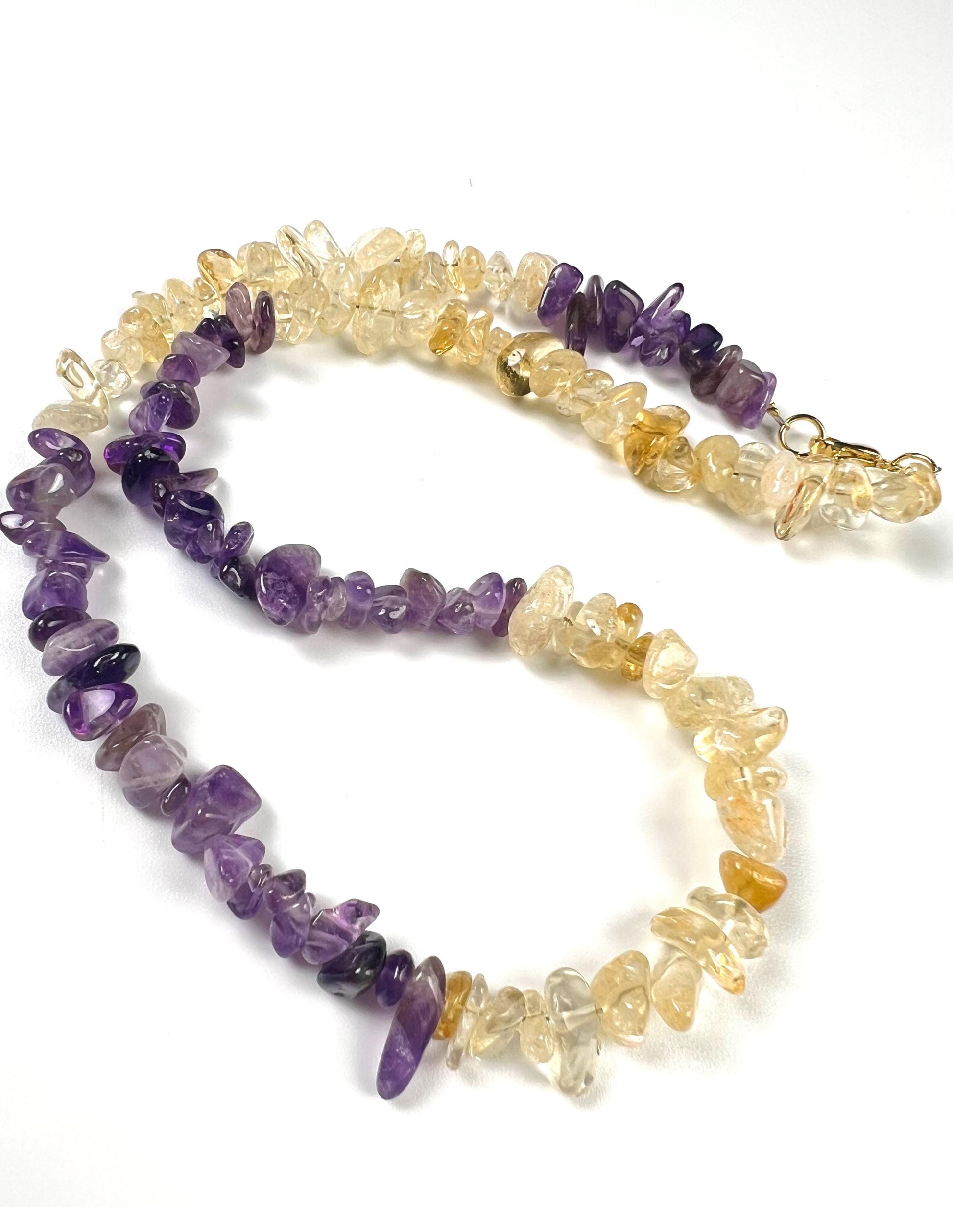 Natural Citrine and Amethyst Freeform Raw smooth nugget chips gold necklace February Birthstone Energy, Meditation yoga Necklace