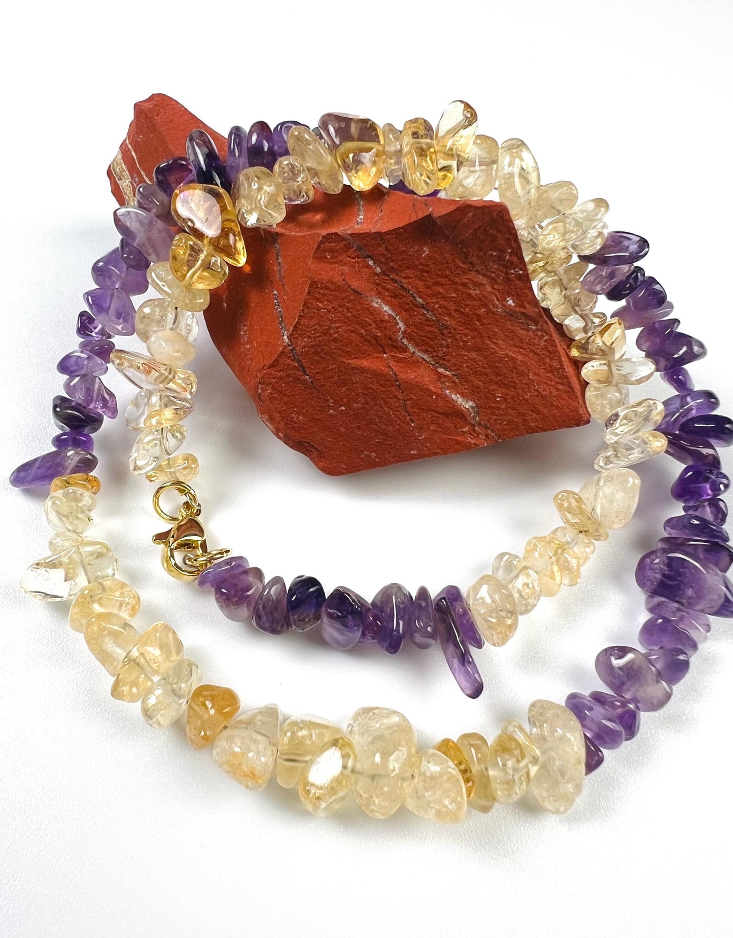 Natural Citrine and Amethyst Freeform Raw smooth nugget chips gold necklace February Birthstone Energy, Meditation yoga Necklace