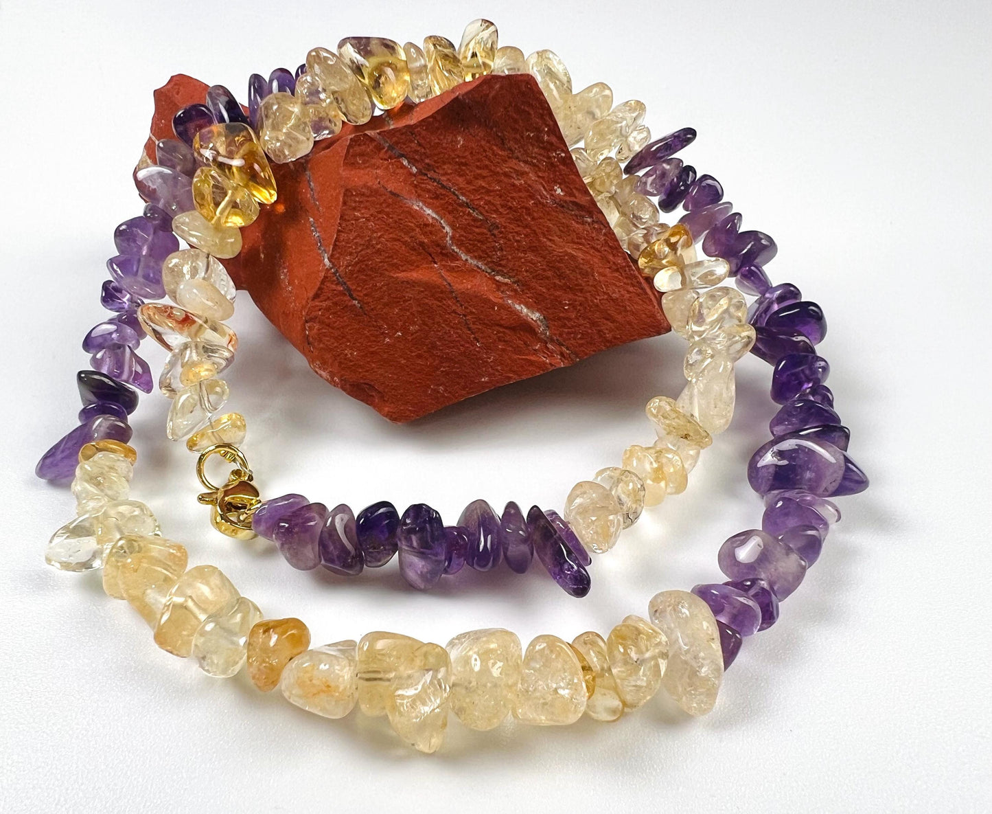 Natural Citrine and Amethyst Freeform Raw smooth nugget chips gold necklace February Birthstone Energy, Meditation yoga Necklace