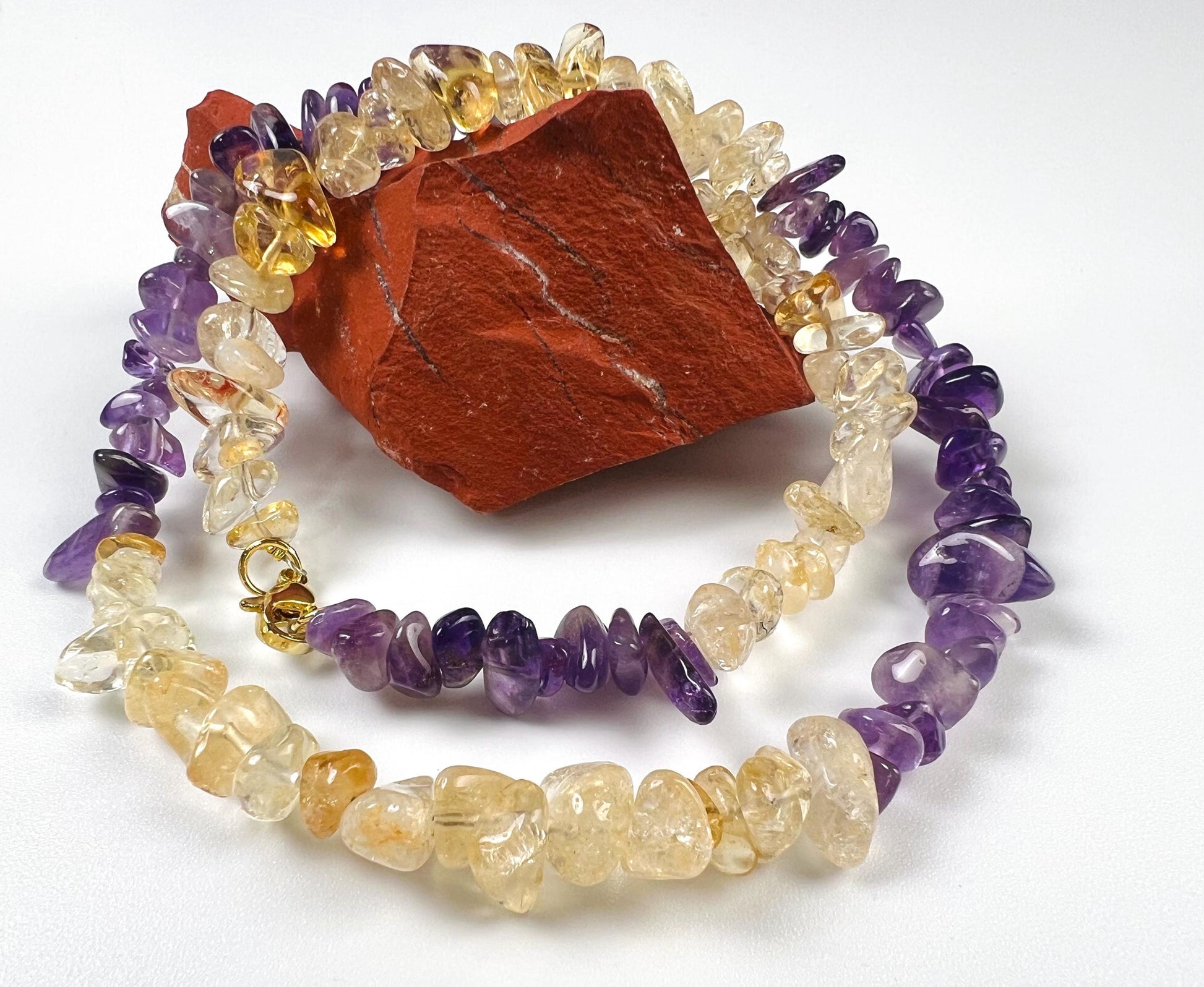 Natural Citrine and Amethyst Freeform Raw smooth nugget chips gold necklace February Birthstone Energy, Meditation yoga Necklace