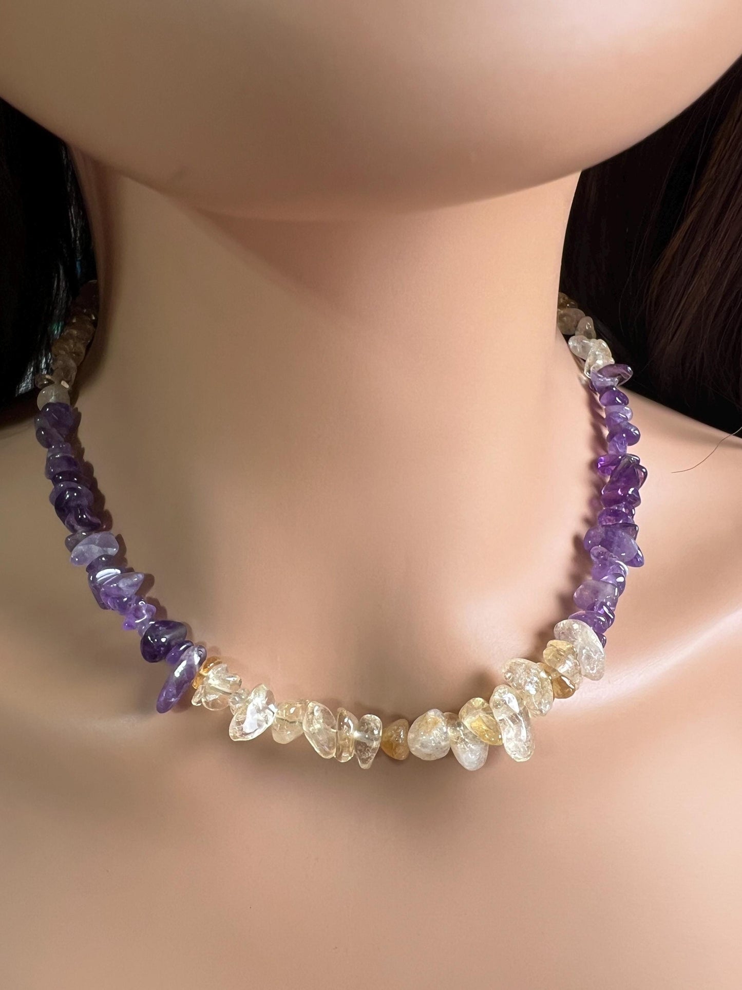 Natural Citrine and Amethyst Freeform Raw smooth nugget chips gold necklace February Birthstone Energy, Meditation yoga Necklace