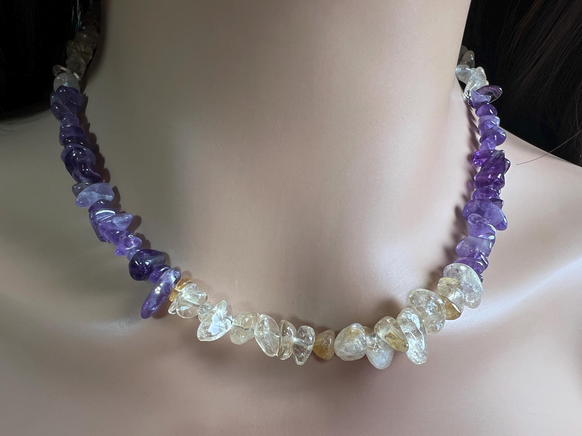 Natural Citrine and Amethyst Freeform Raw smooth nugget chips gold necklace February Birthstone Energy, Meditation yoga Necklace