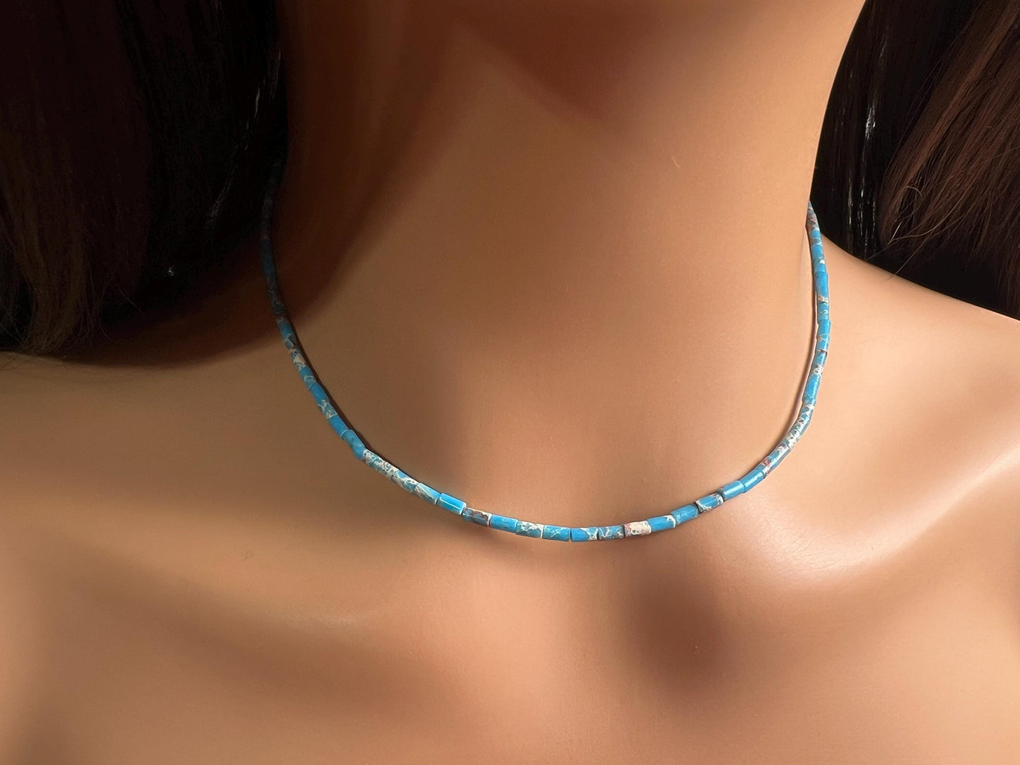 Turquoise blue tube shape beaded Choker Hand Made Necklace in December Birth Stone, Man or Woman gifts