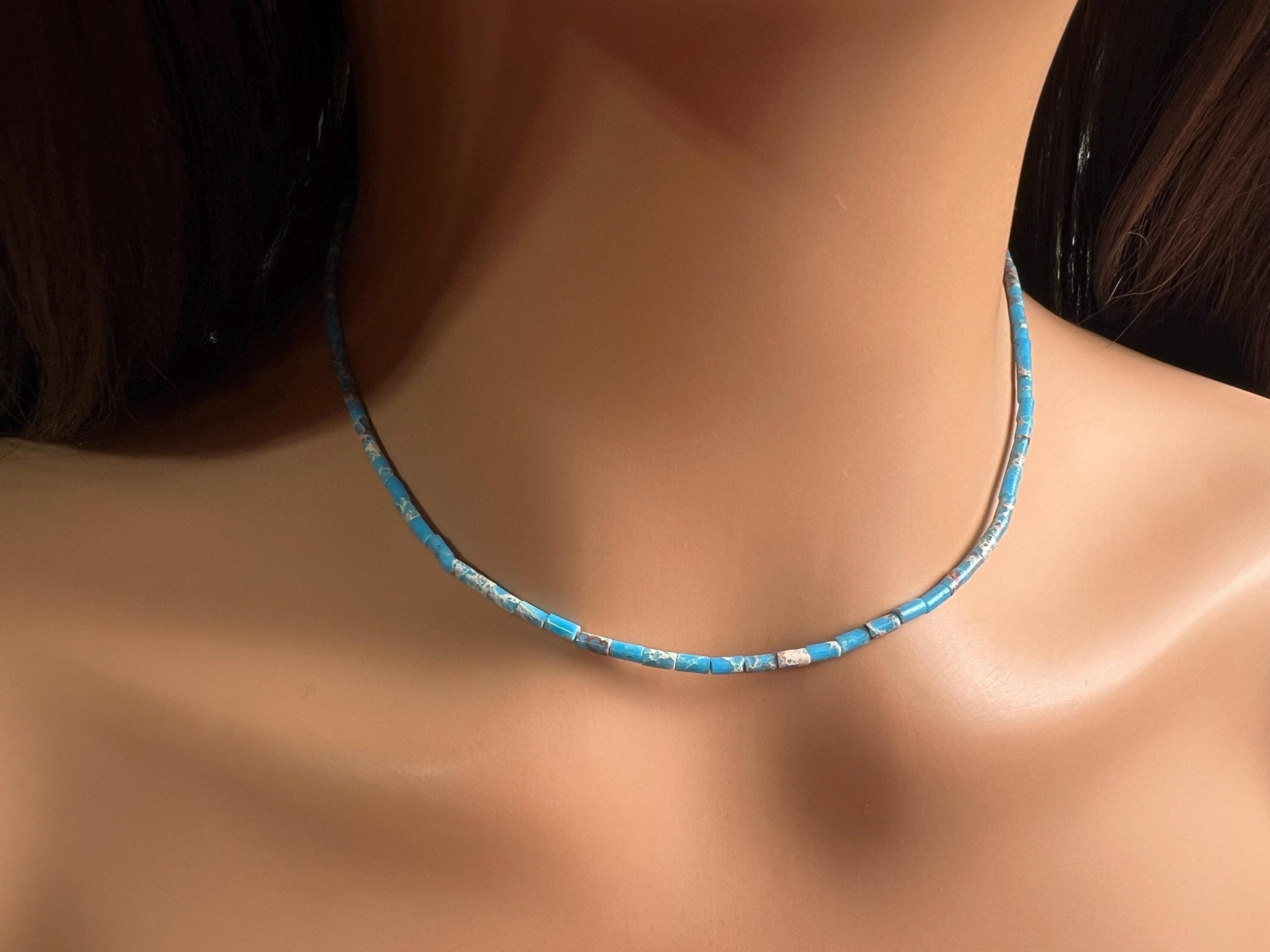 Turquoise blue tube shape beaded Choker Hand Made Necklace in December Birth Stone, Man or Woman gifts