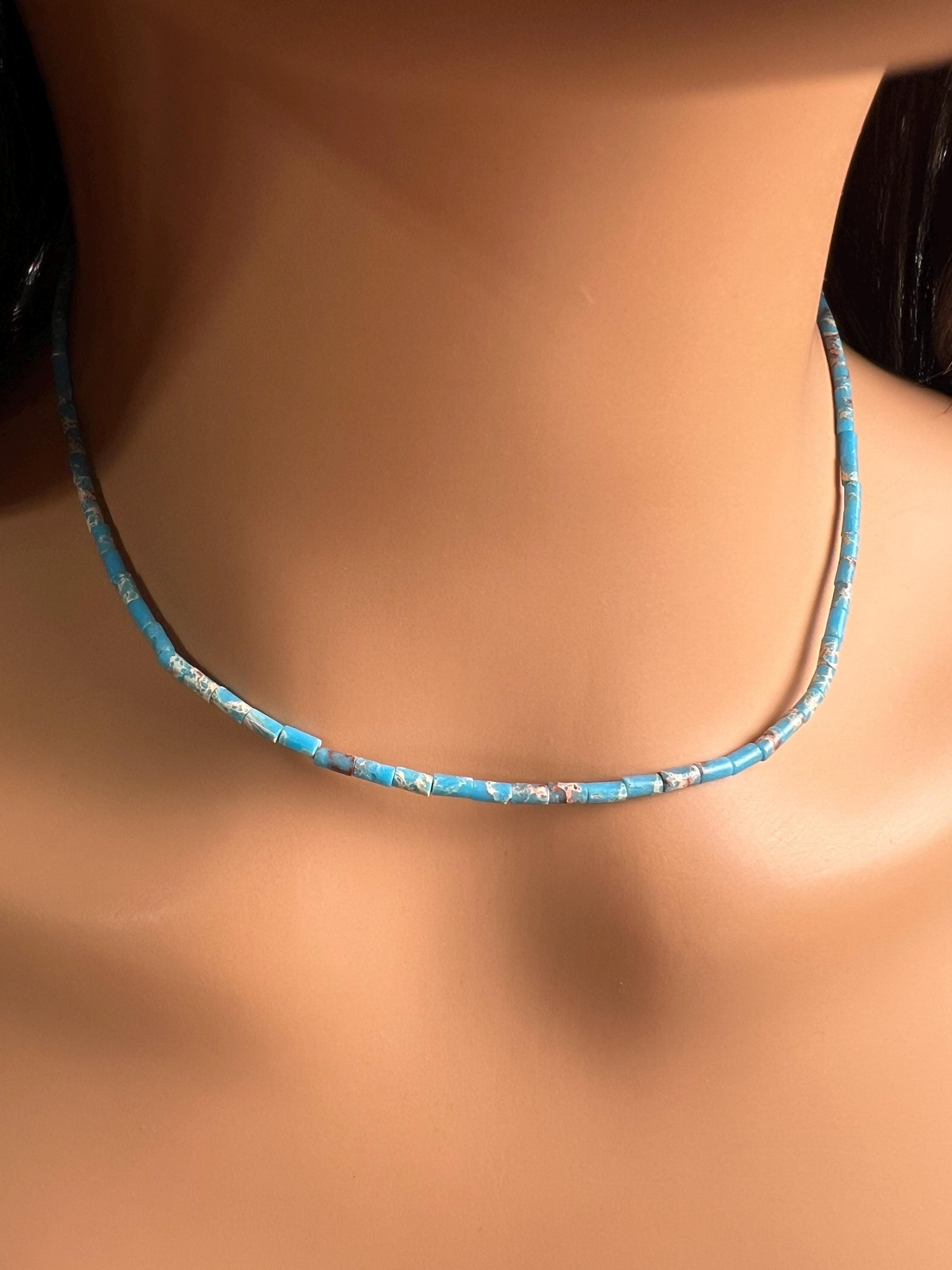Turquoise blue tube shape beaded Choker Hand Made Necklace in December Birth Stone, Man or Woman gifts