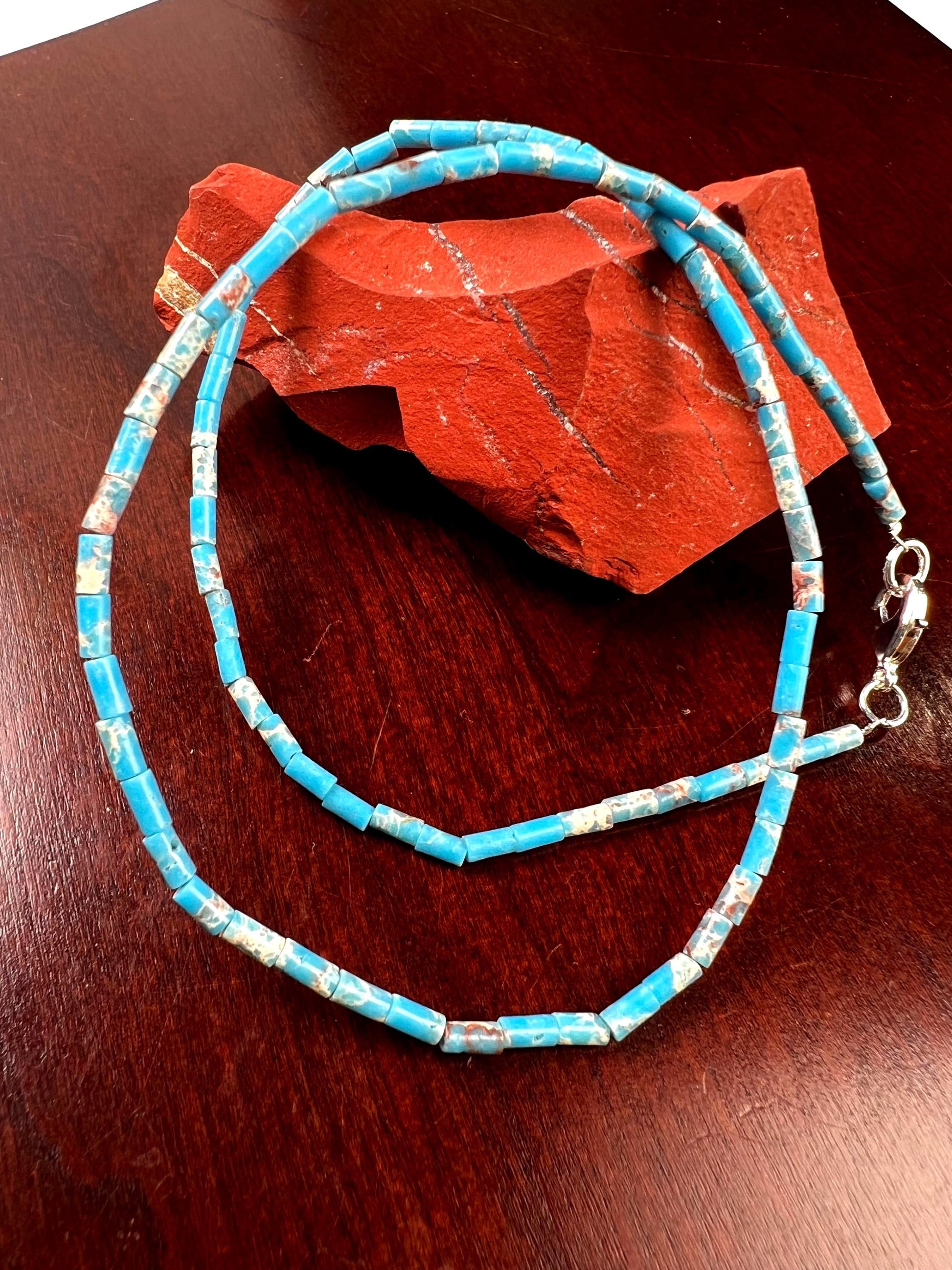 Turquoise blue tube shape beaded Choker Hand Made Necklace in December Birth Stone, Man or Woman gifts
