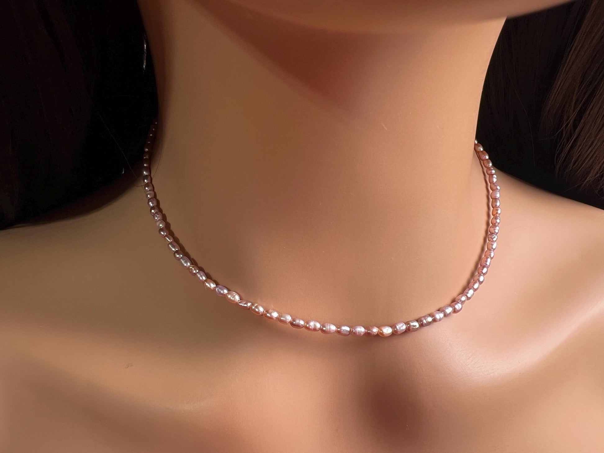 Natural Freshwater Pearl AAA quality pitchy pink purple rice oval Pearl Necklace, wedding Holiday gift