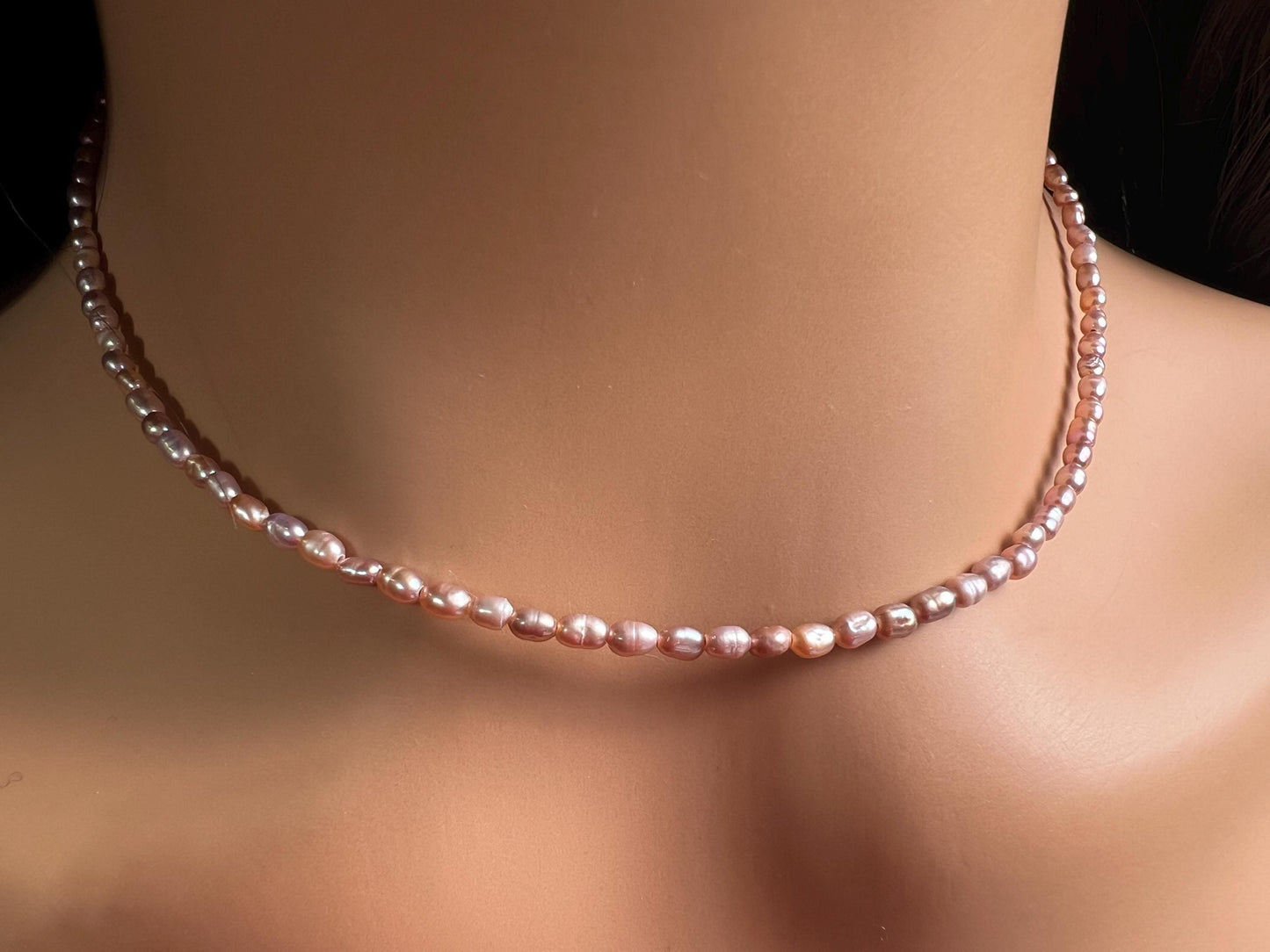 Natural Freshwater Pearl AAA quality pitchy pink purple rice oval Pearl Necklace, wedding Holiday gift