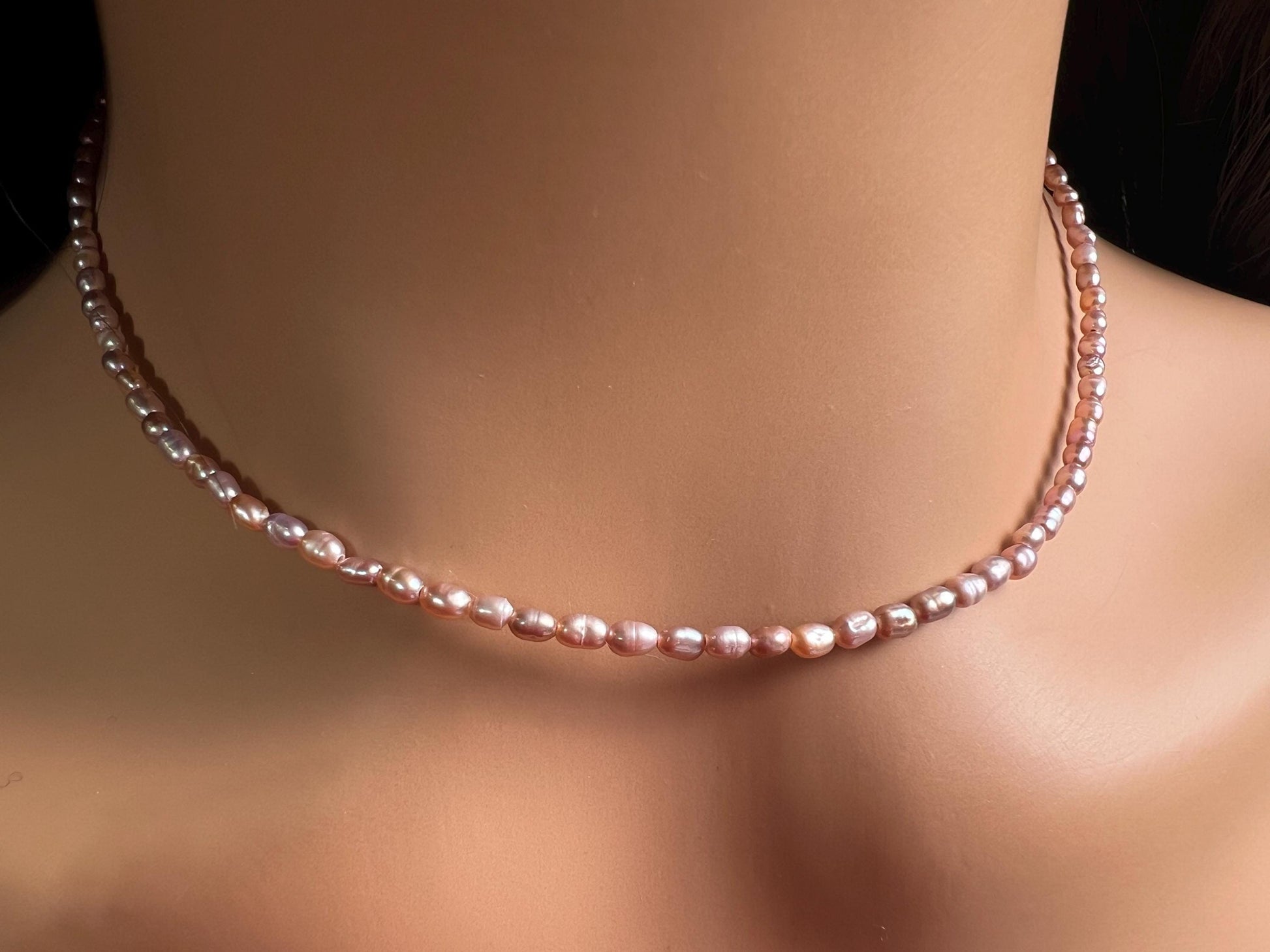 Natural Freshwater Pearl AAA quality pitchy pink purple rice oval Pearl Necklace, wedding Holiday gift