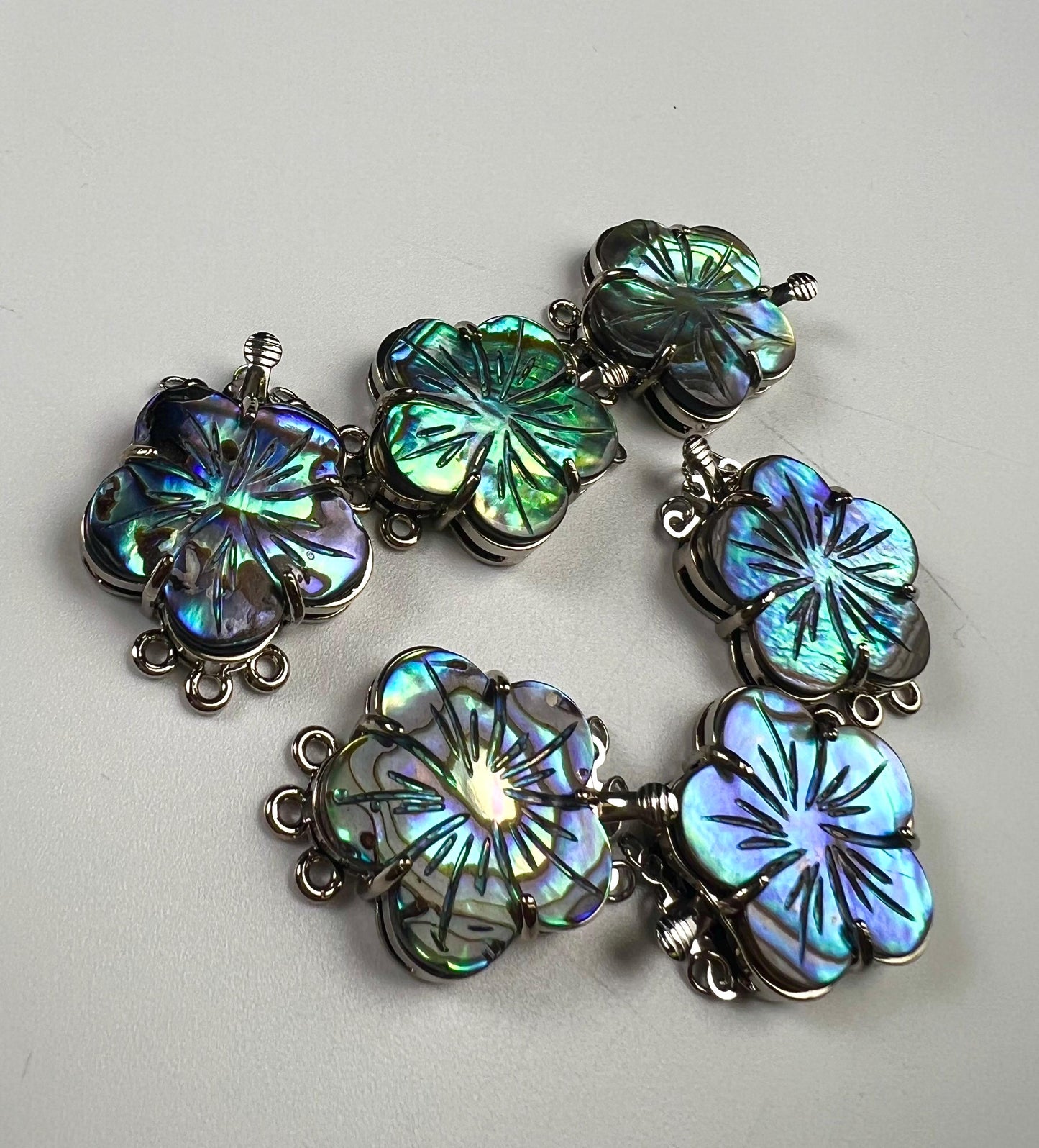 Natural Abalone Pua Shell 3 Loop Fancy Flower Clasp, blue green flash Jewelry Making Rhodium silver 3 line Necklace Bracelet clasp.
