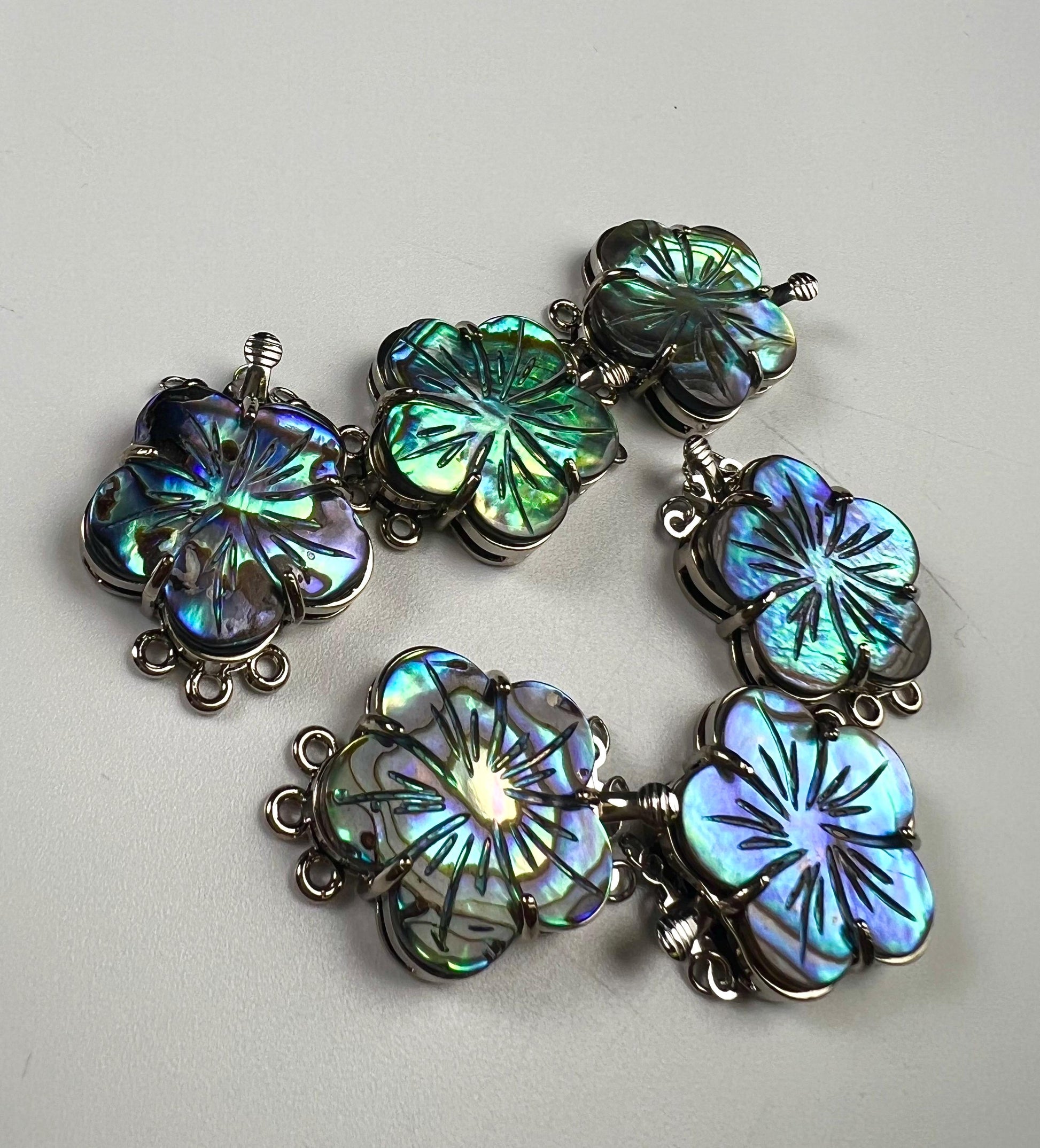 Natural Abalone Pua Shell 3 Loop Fancy Flower Clasp, blue green flash Jewelry Making Rhodium silver 3 line Necklace Bracelet clasp.