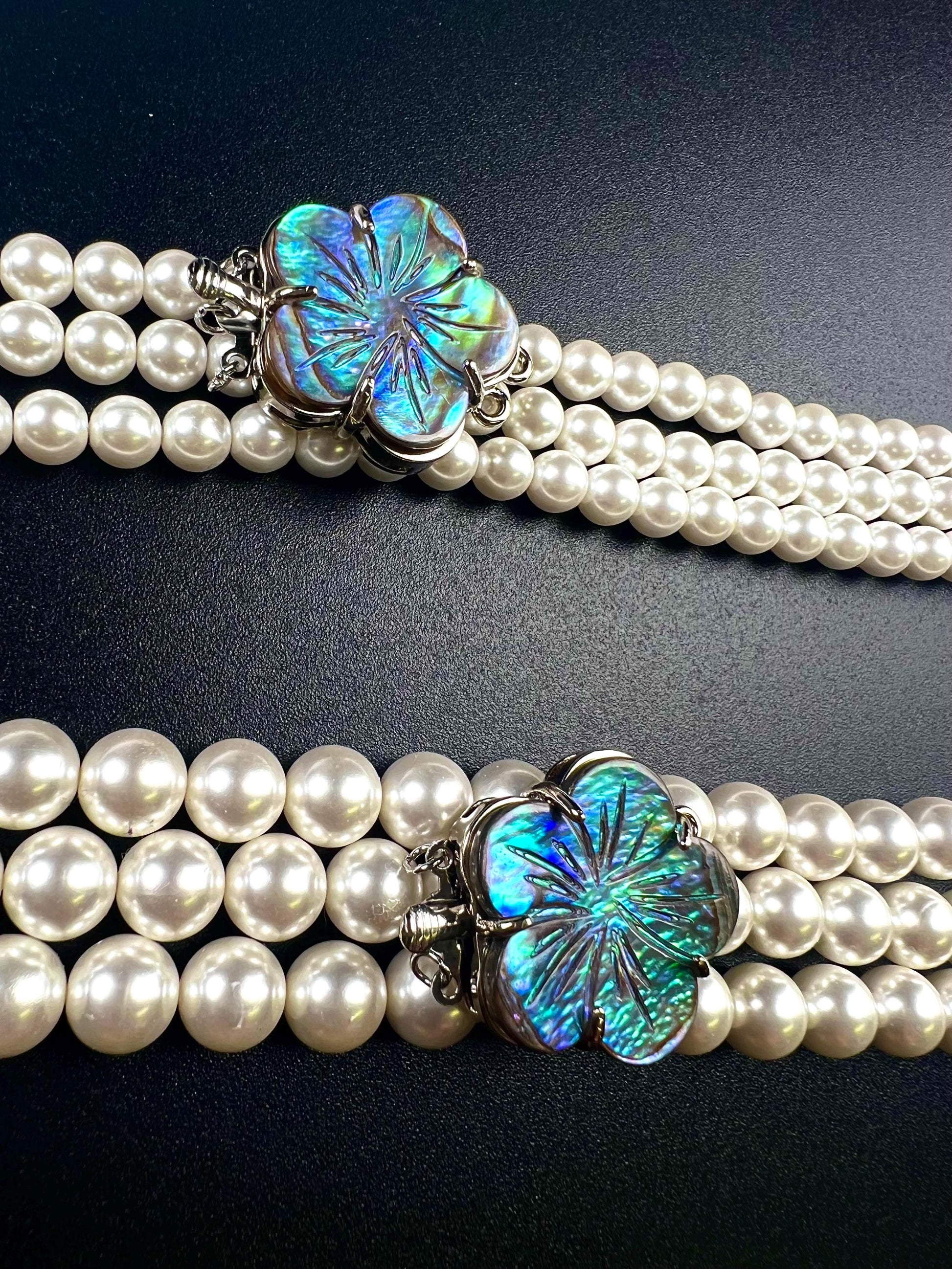 Natural Abalone Pua Shell 3 Loop Fancy Flower Clasp, blue green flash Jewelry Making Rhodium 3 line Necklace Bracelet clasp.